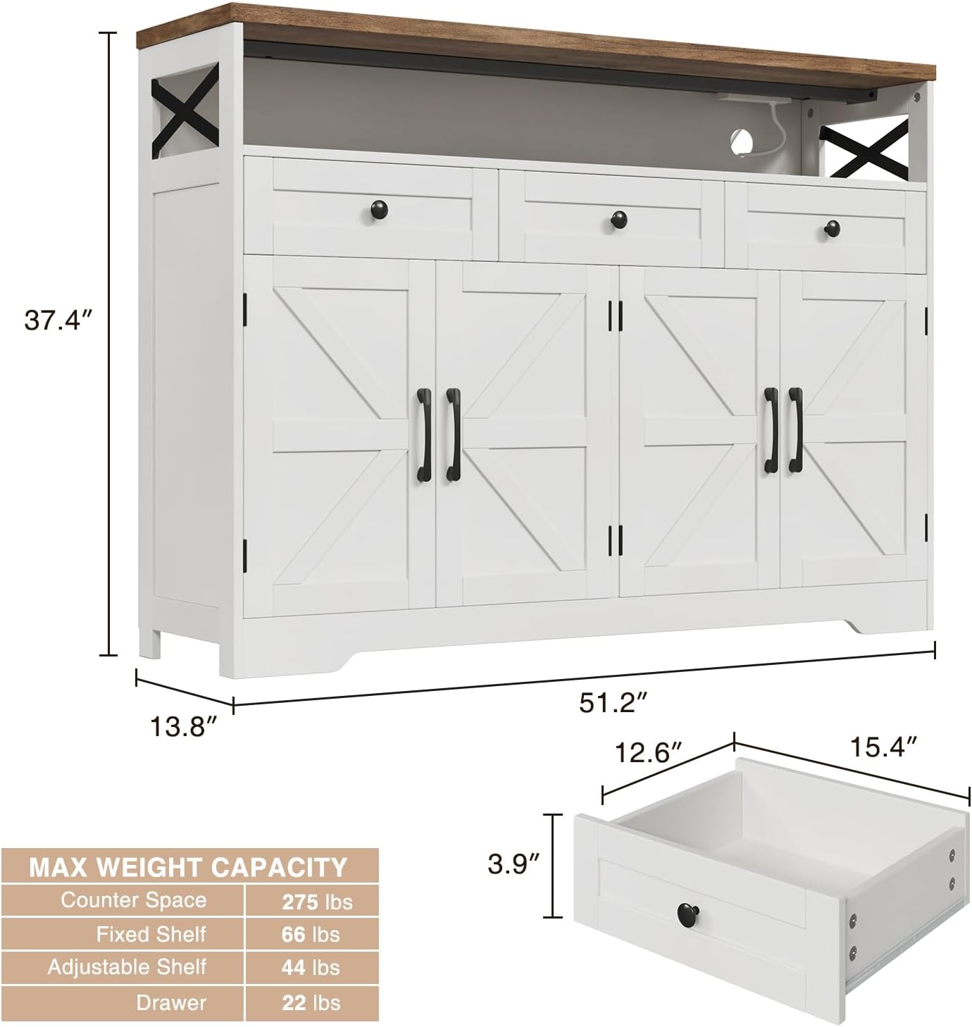 51 Farmhouse Buffet Sideboard Cabinet with Storage, White Kitchen Storage Pantry Cabinet with Drawers, Wood Cupboard Hutch, Coffee Bar Station Table for Kitchen, Living Room, Dining Room