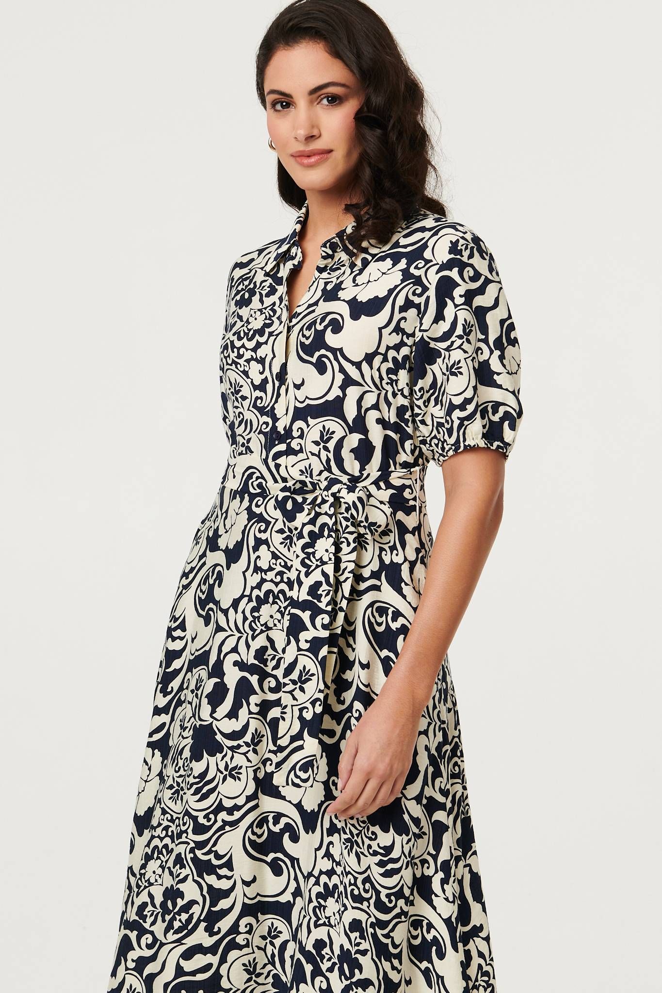 Izabel London Printed 1/2 Puff Sleeve Midi Shirt Dress