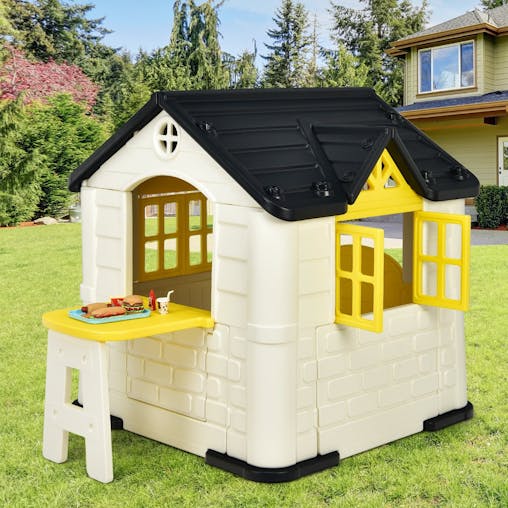 NNECW Kids Pretend Toy Playhouse with Working Doors and Windows for Boys and Girls-Yellow