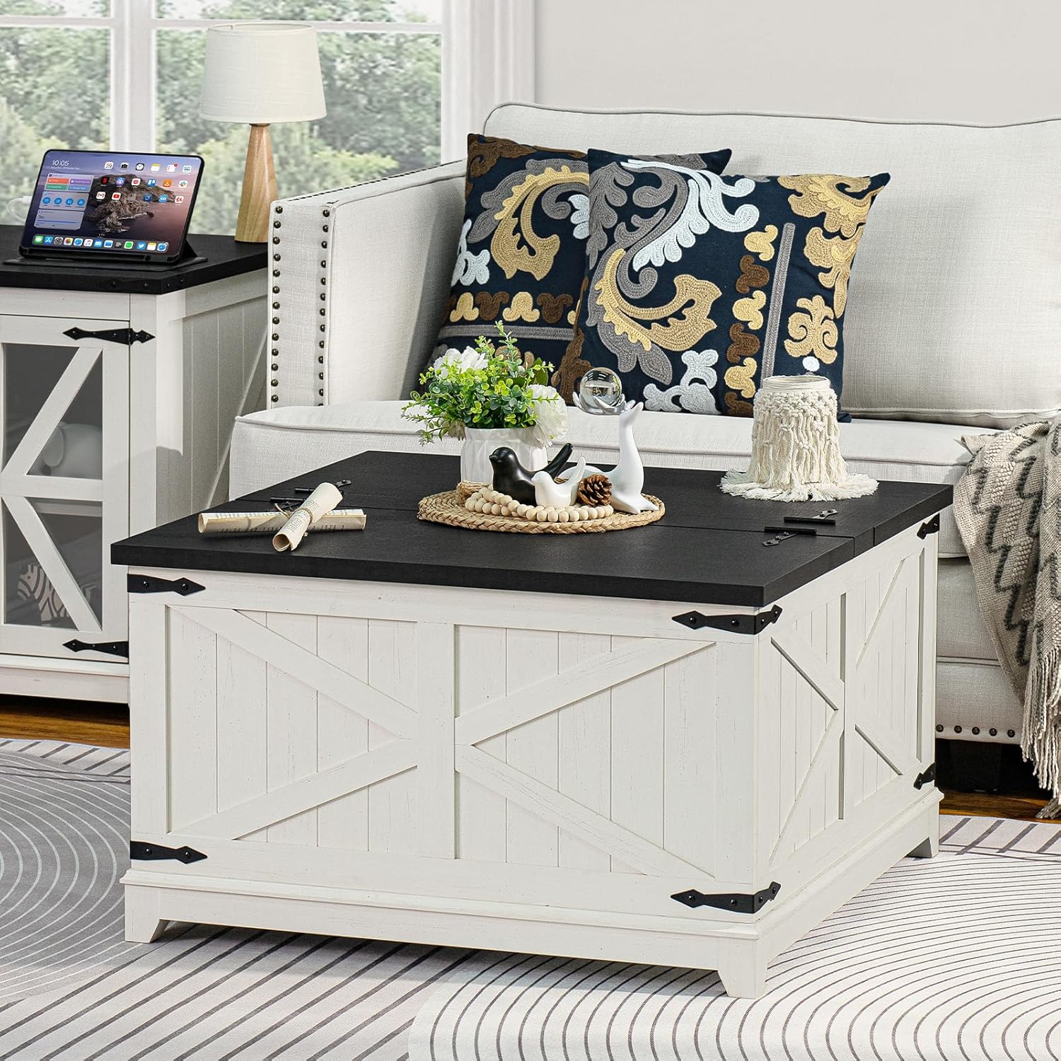 Farmhouse Coffee Table Sets 3 Pieces, 24'' End Table with Charger and Narrow 14'' Nightstand w/Glass Barn Door, Large Coffee Tables with Hidden Storage Organizer, Living Room Sets