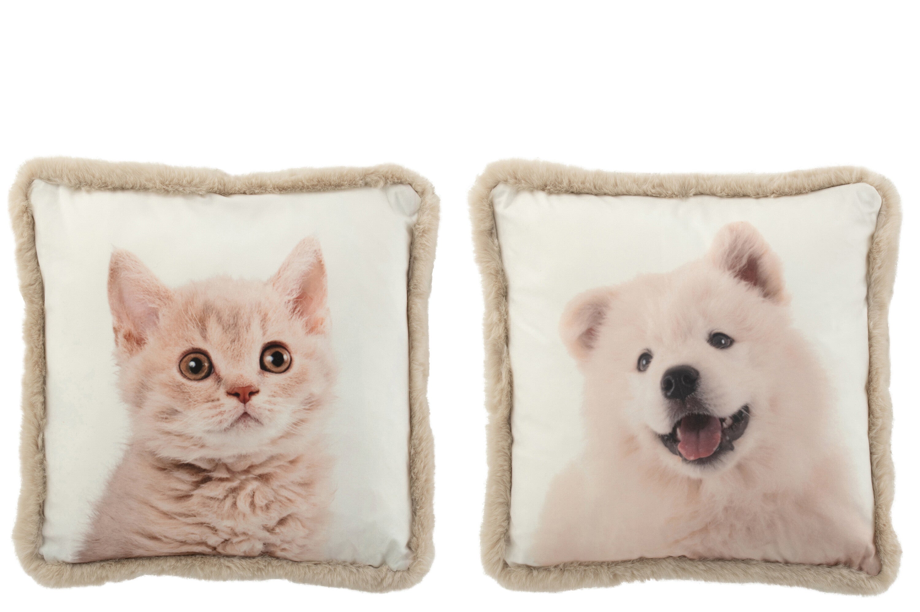 J-Line kussen Hond/Kat Bont - polyester - wit/beige - 2 stuks