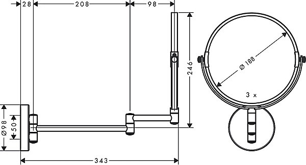 Miroir grossissant x 1 et x 3, rond, montage mural, chromé, L.24,5 x l.28,8 x H.24,5 cm, Hansgrohe Logis universal