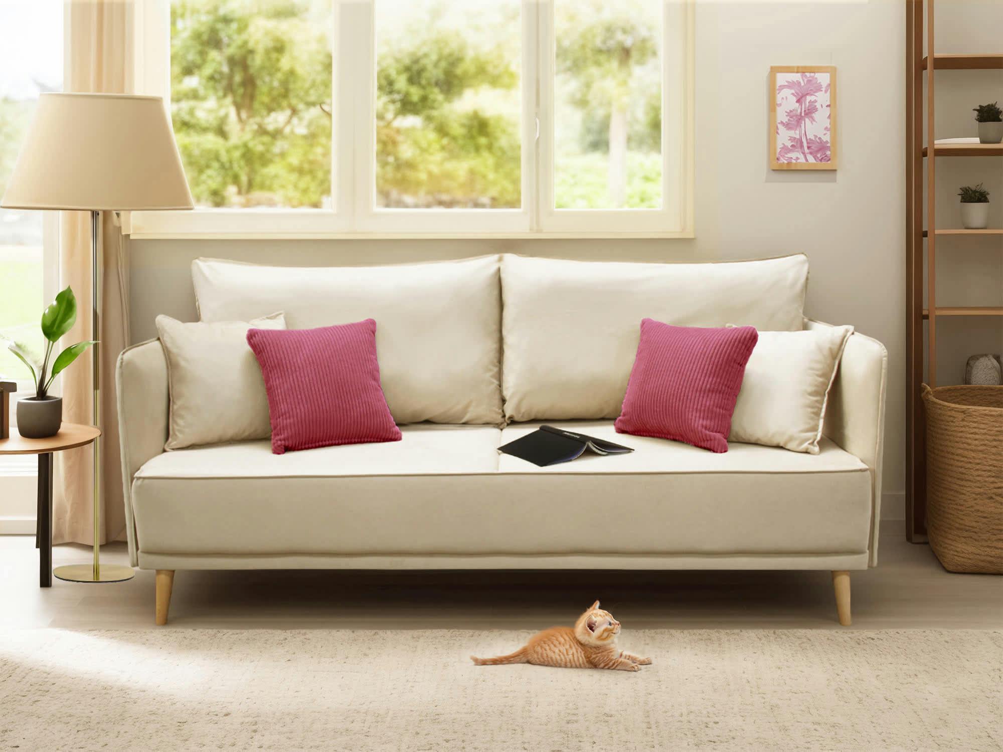 GRENAT - Canapé droit 3 places en velours beige