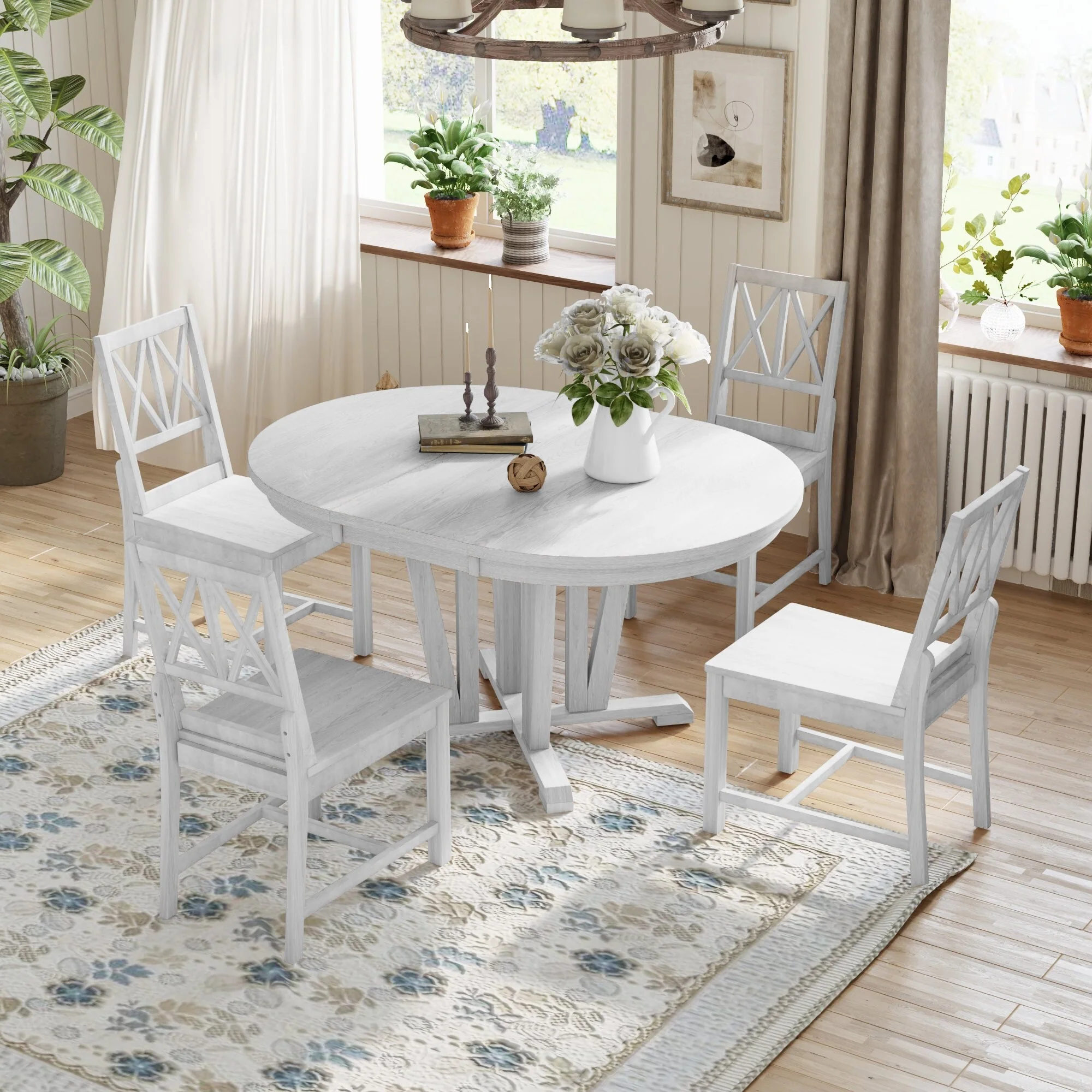 Roomfitters Rustic 5-Piece Extendable Round Dining Table Set with Trestle Base and 4 Cross Back Chairs
