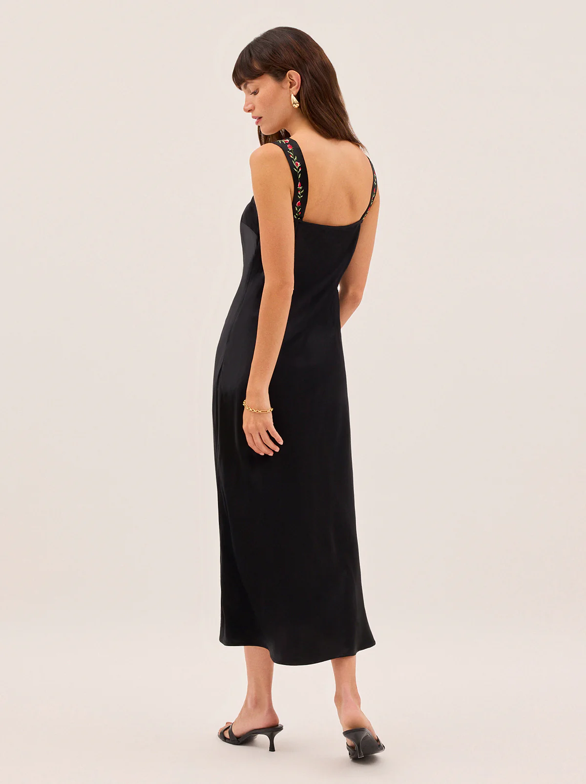 Tabitha Embroidered Black Satin Dress