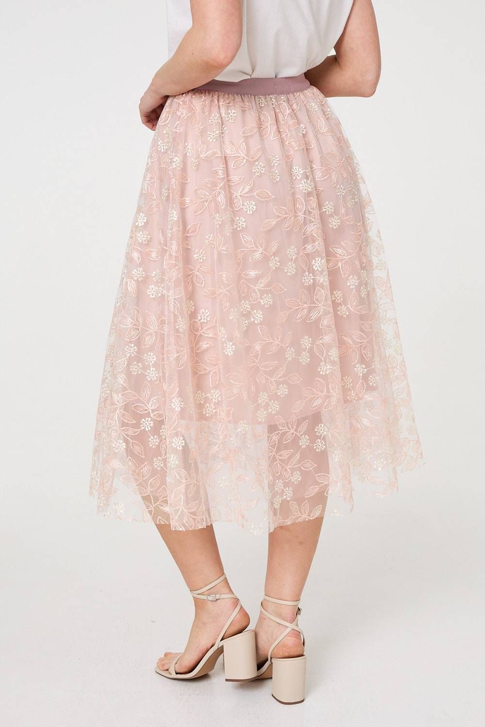 Izabel London Floral Mesh Layered Midi Skirt