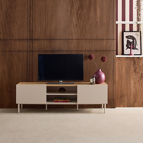 Meuble TV métal et décor bois 2 portes 140cm beige et naturel - Ashton