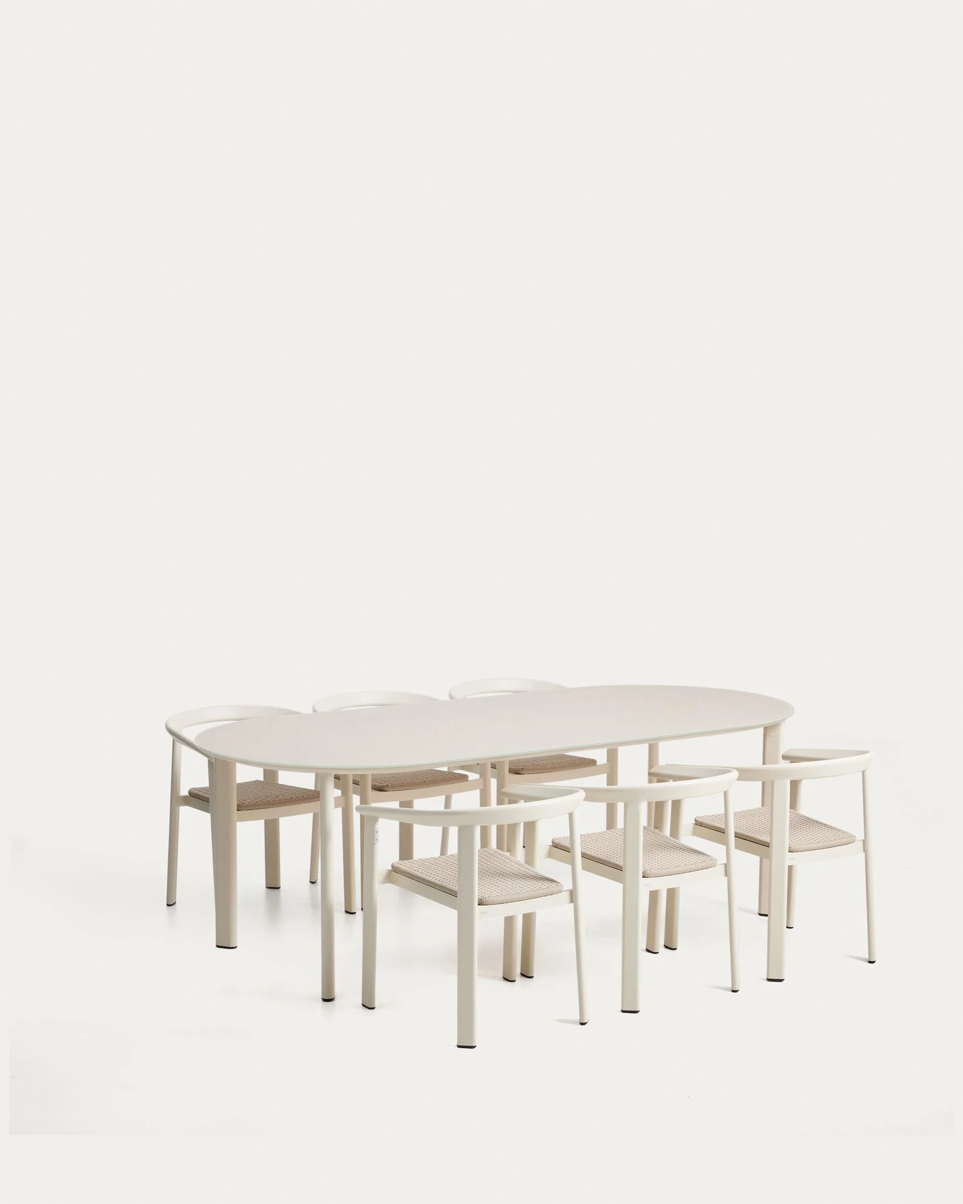Erice set of 6 aluminium and rope cord stackable chairs and a table in ecru aluminium and tempered glass 230 x 100cm
