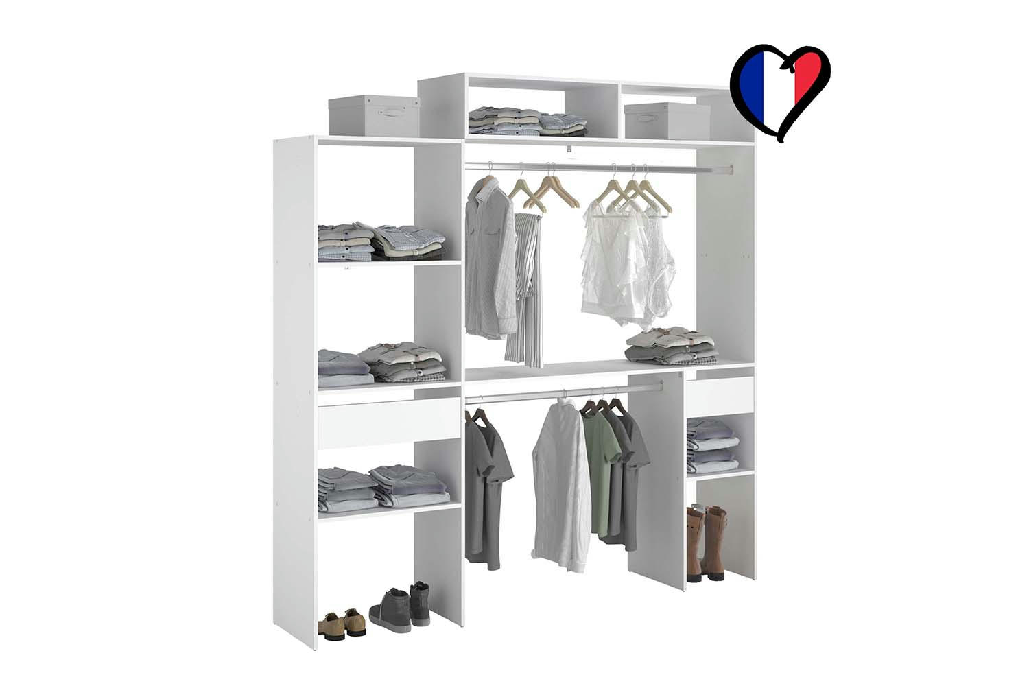 ELYSEE - Dressing blanc extensible avec 2 penderies, 4 étagères et un tiroir