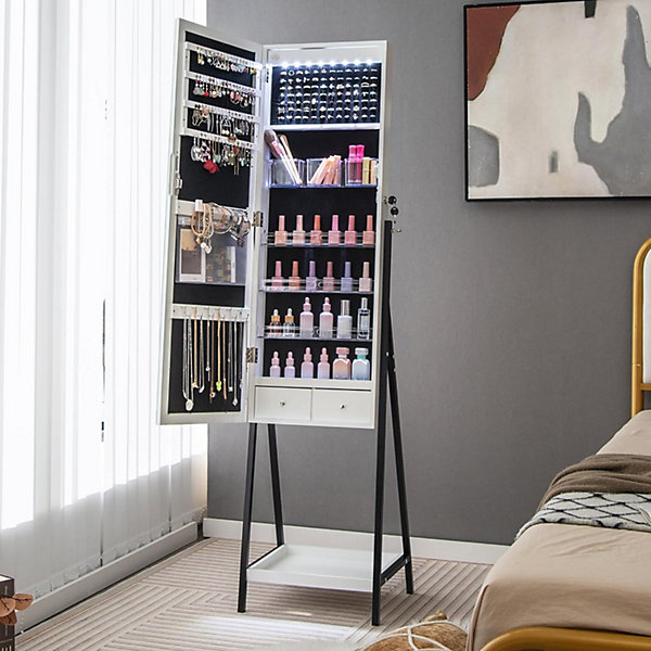 Armoire a Bijoux-Miroir Pleine Longueur-Lumiere LED a 3 Couleurs-Etagere Inferieure Tiroirs Miroir de Maquillage Blanc