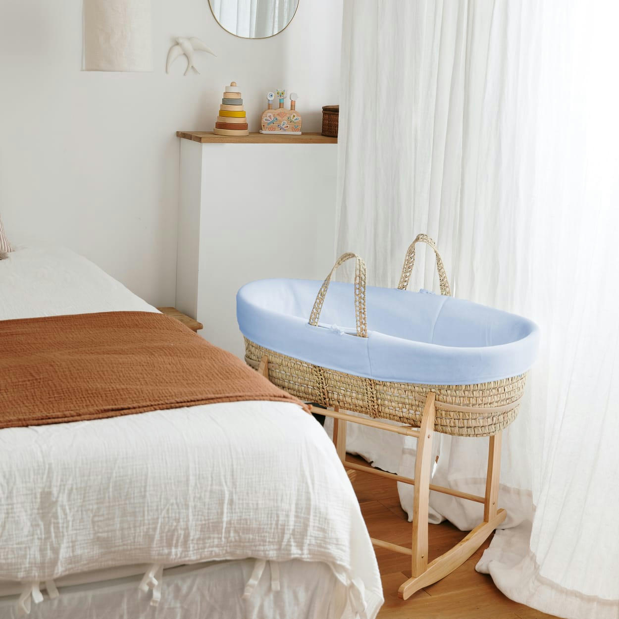 - Couffin avec Support Bois - Habillage Azur en Coton Bio