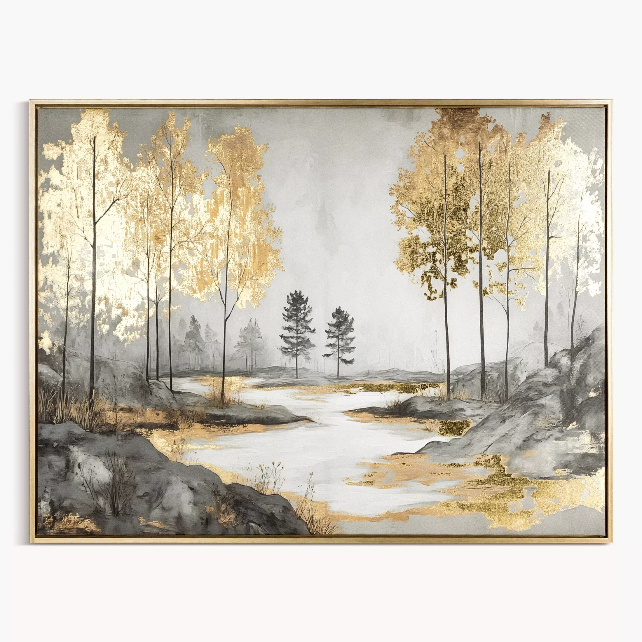 Obraz szaro, złoty nadruk na płótnie pejzaż z metalicznymi akcentami 60x80 cm