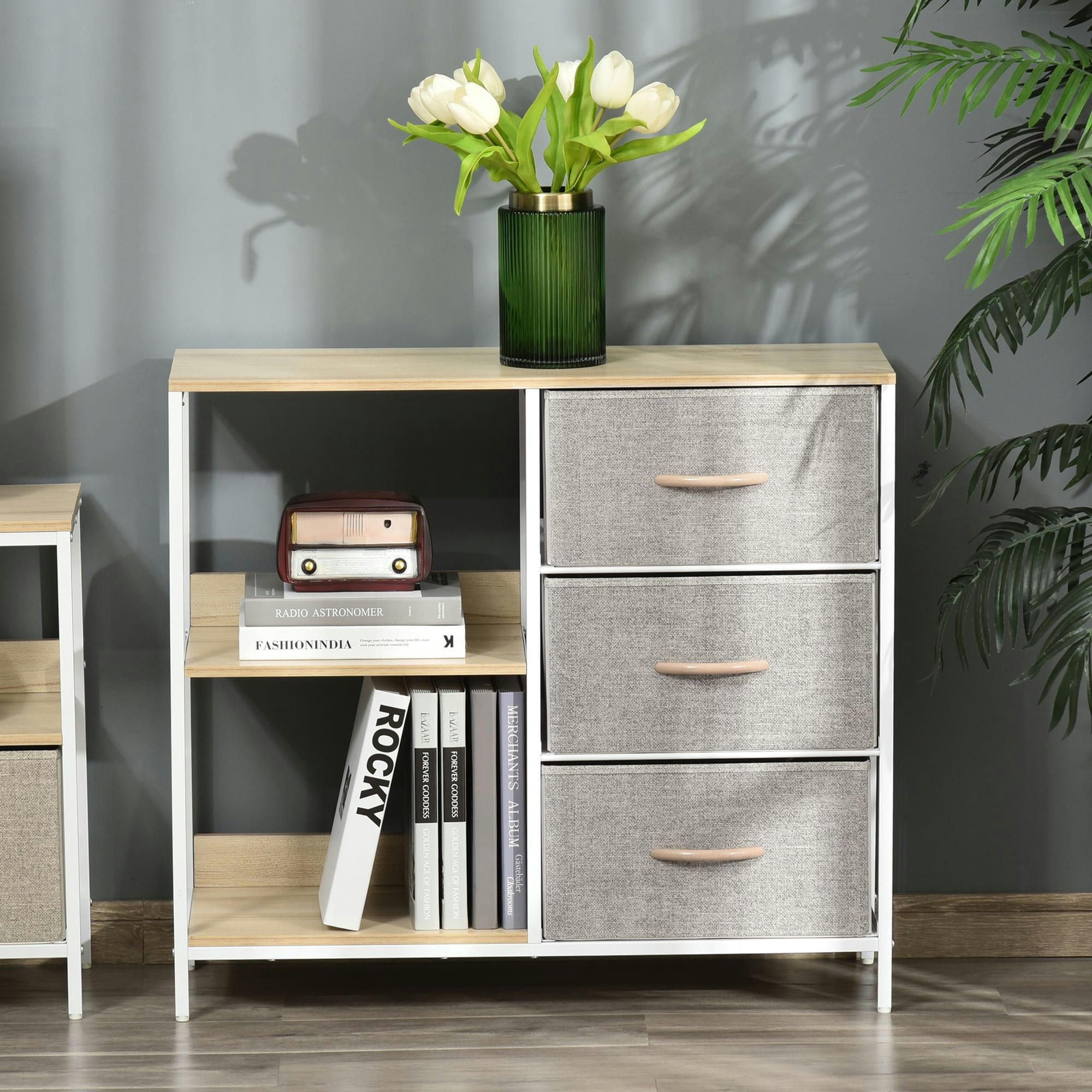 - Commode design - 3 tiroirs, 2 étagères - métal MDF non tissé beige