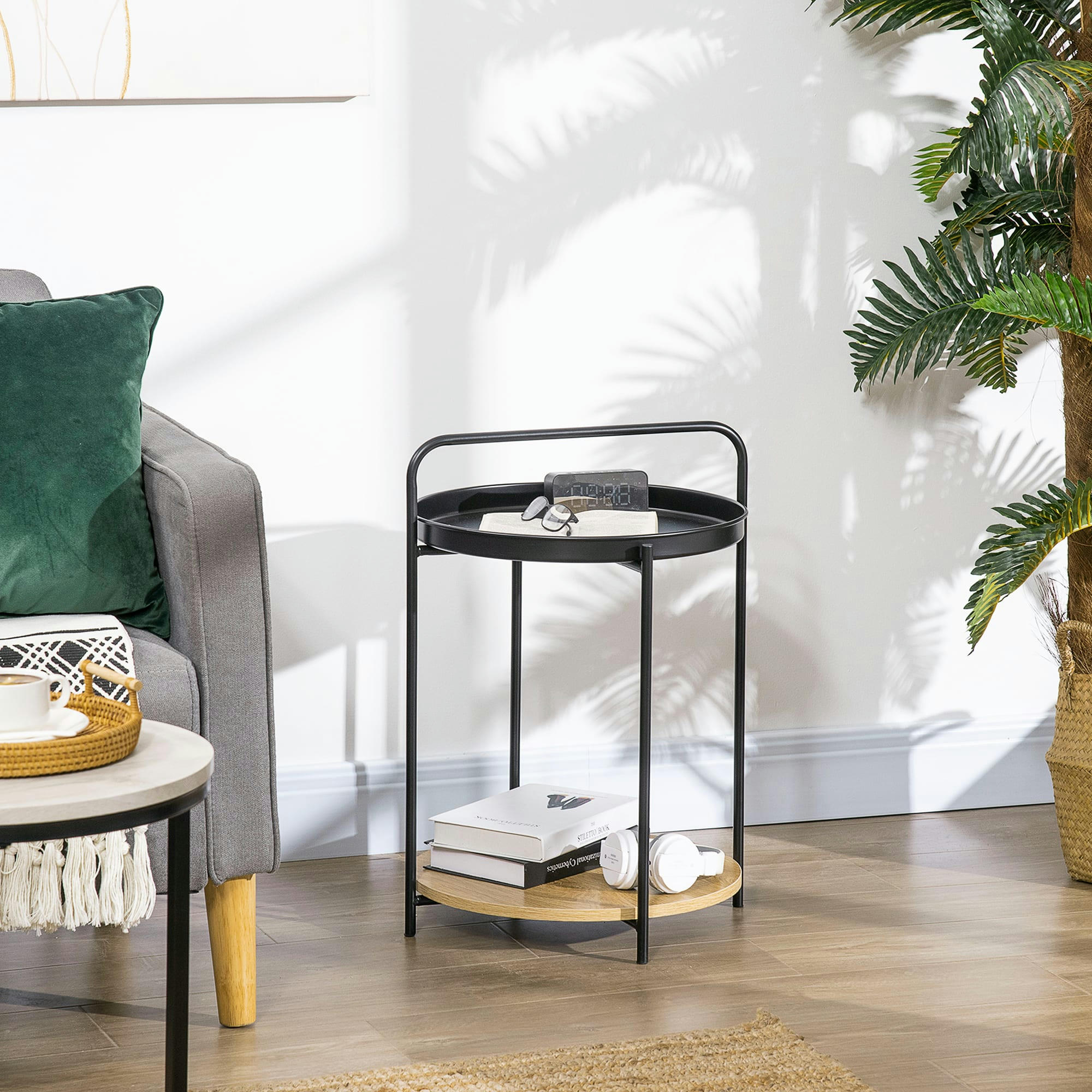 - Table d'appoint guéridon design néo-rétro plateau étagère amovible