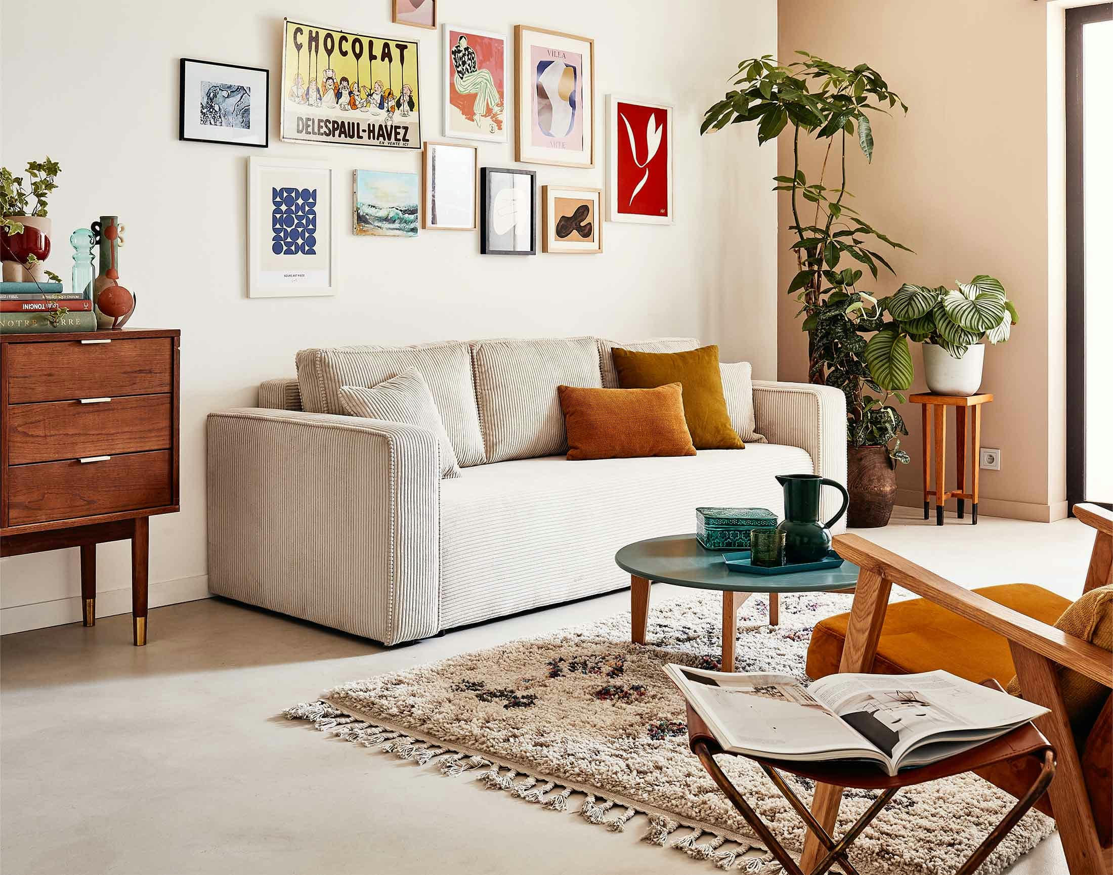 TOPAZE - Canapé droit convertible 3 places en velours côtelé beige