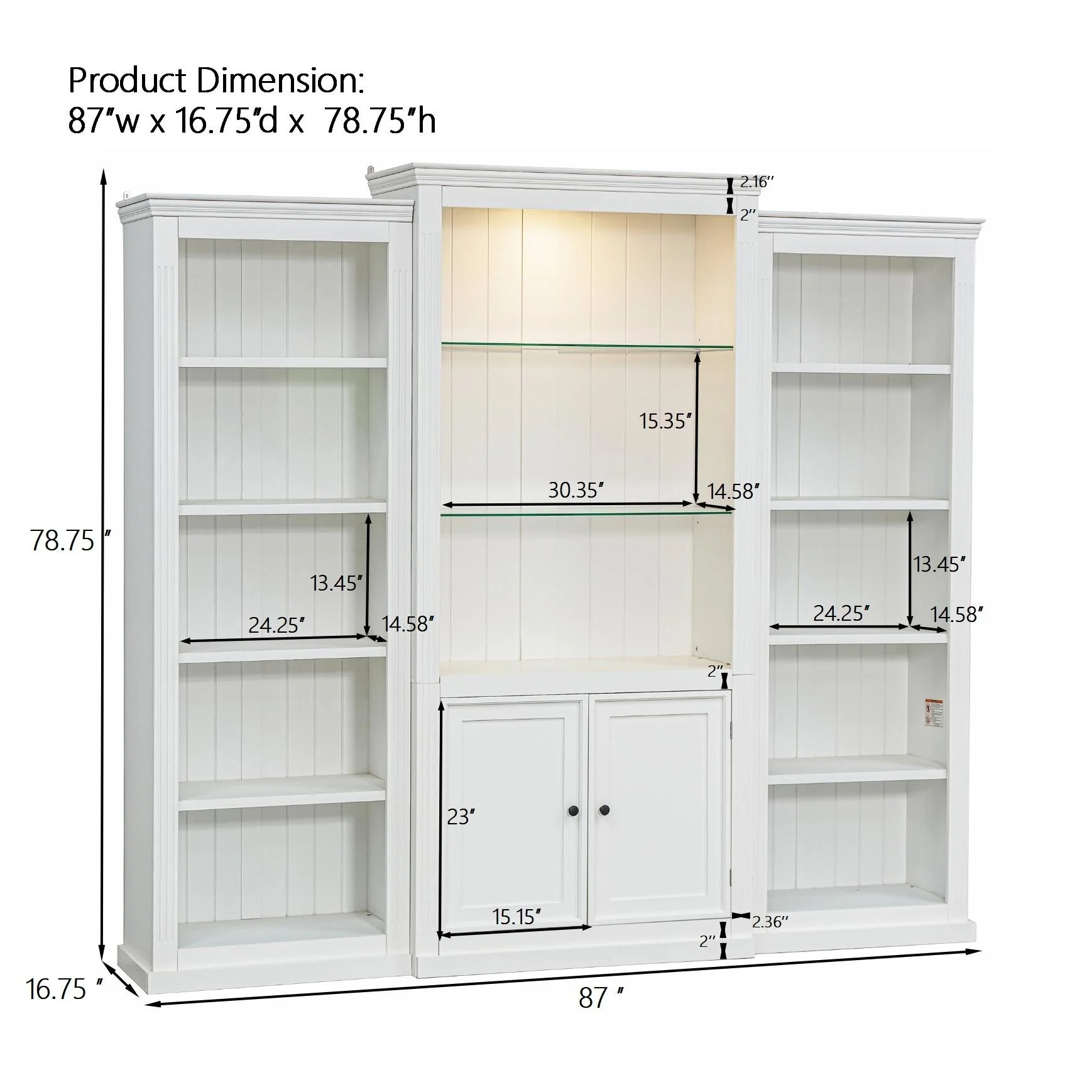 78.75'' Tall 3-Pieces Bookcase Display Cabinet with 5 Colors Adjustable LED Ceiling Light, Retro Style Bookshelves
