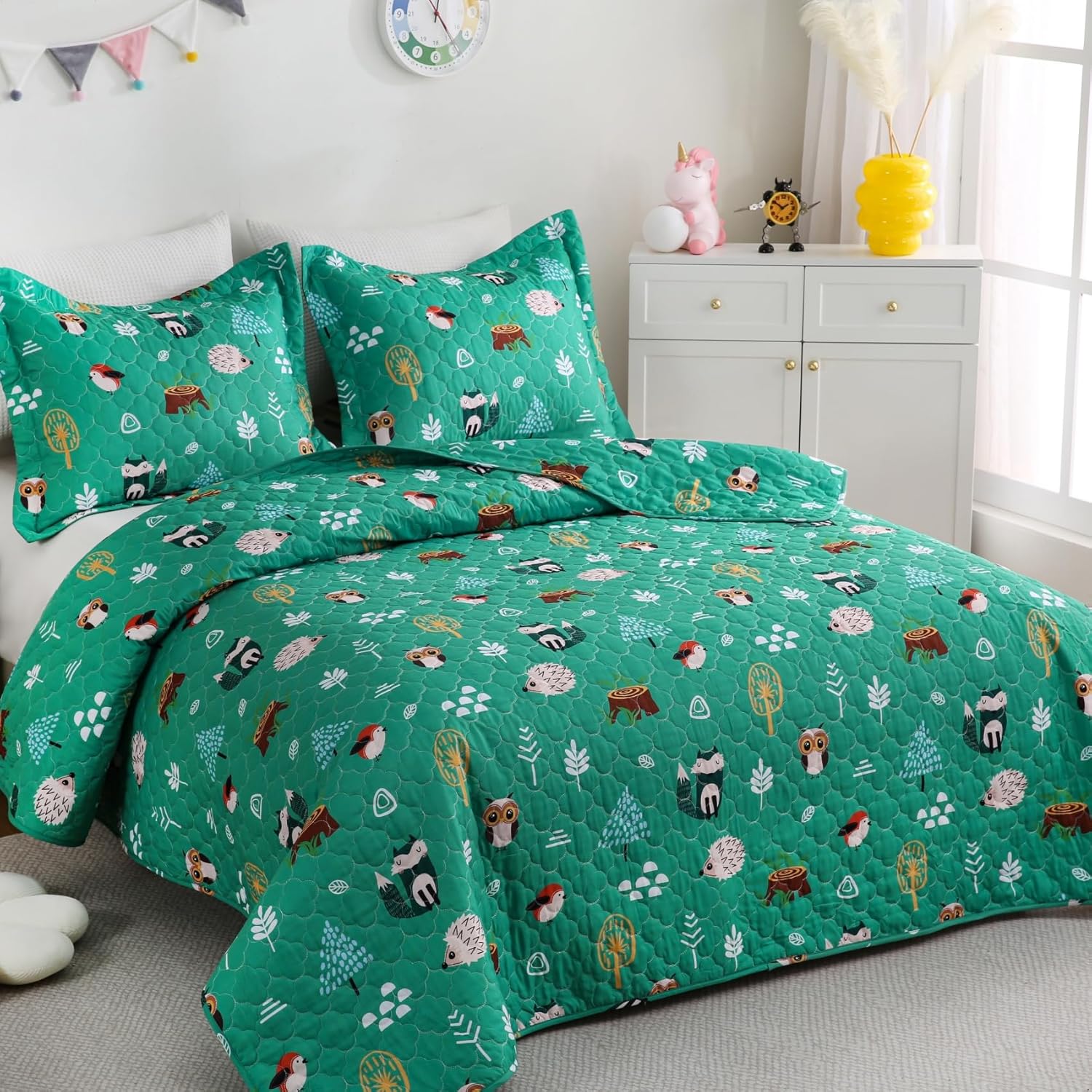Green Forest Animals Quilt Set for Boys Queen Size Kids Bedding Sets Lightweight Summer Bedspread Soft Microfiber Breathable Bed Comforter All-Season