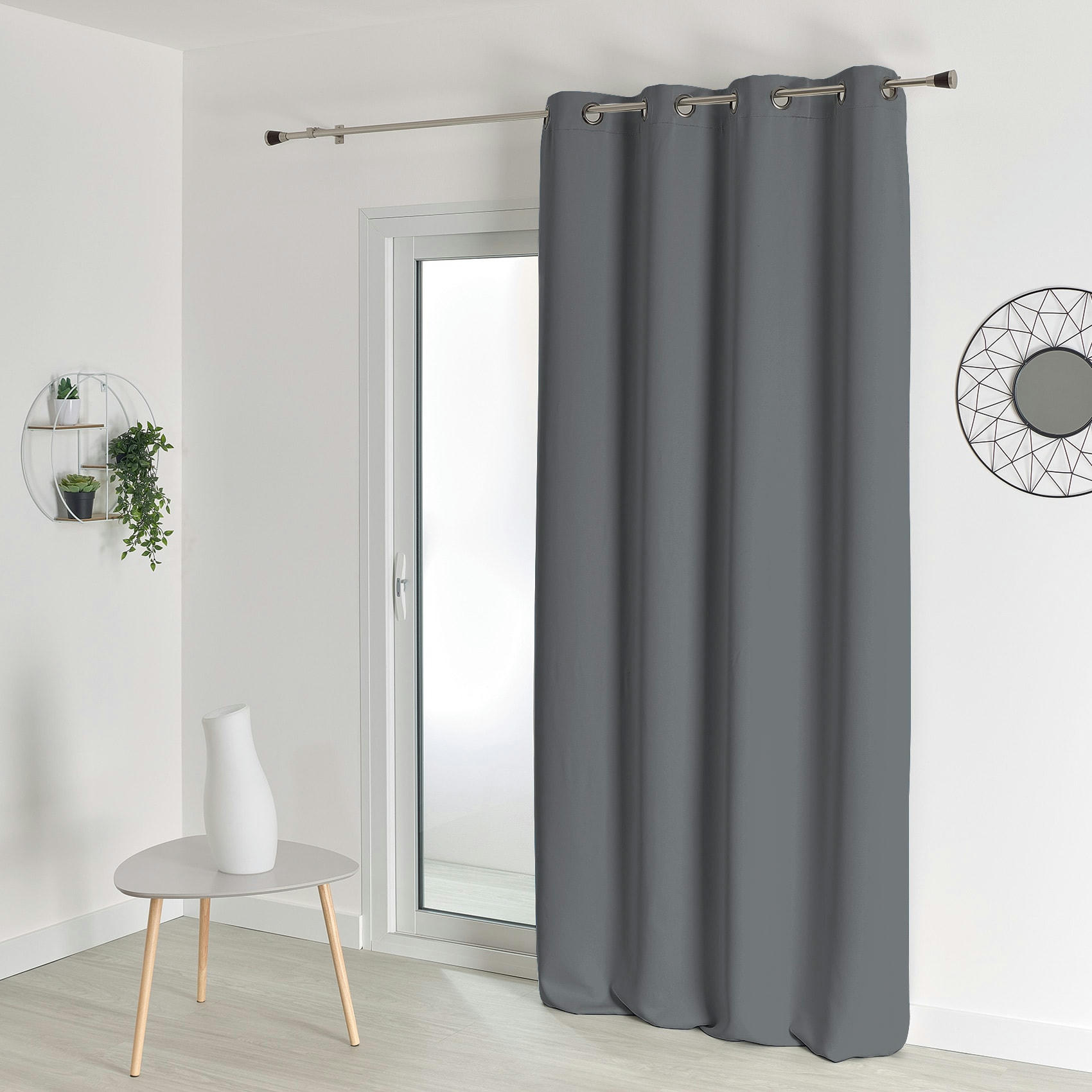 - Rideau occultant uni polyester/occultant gris souris 140x260 cm