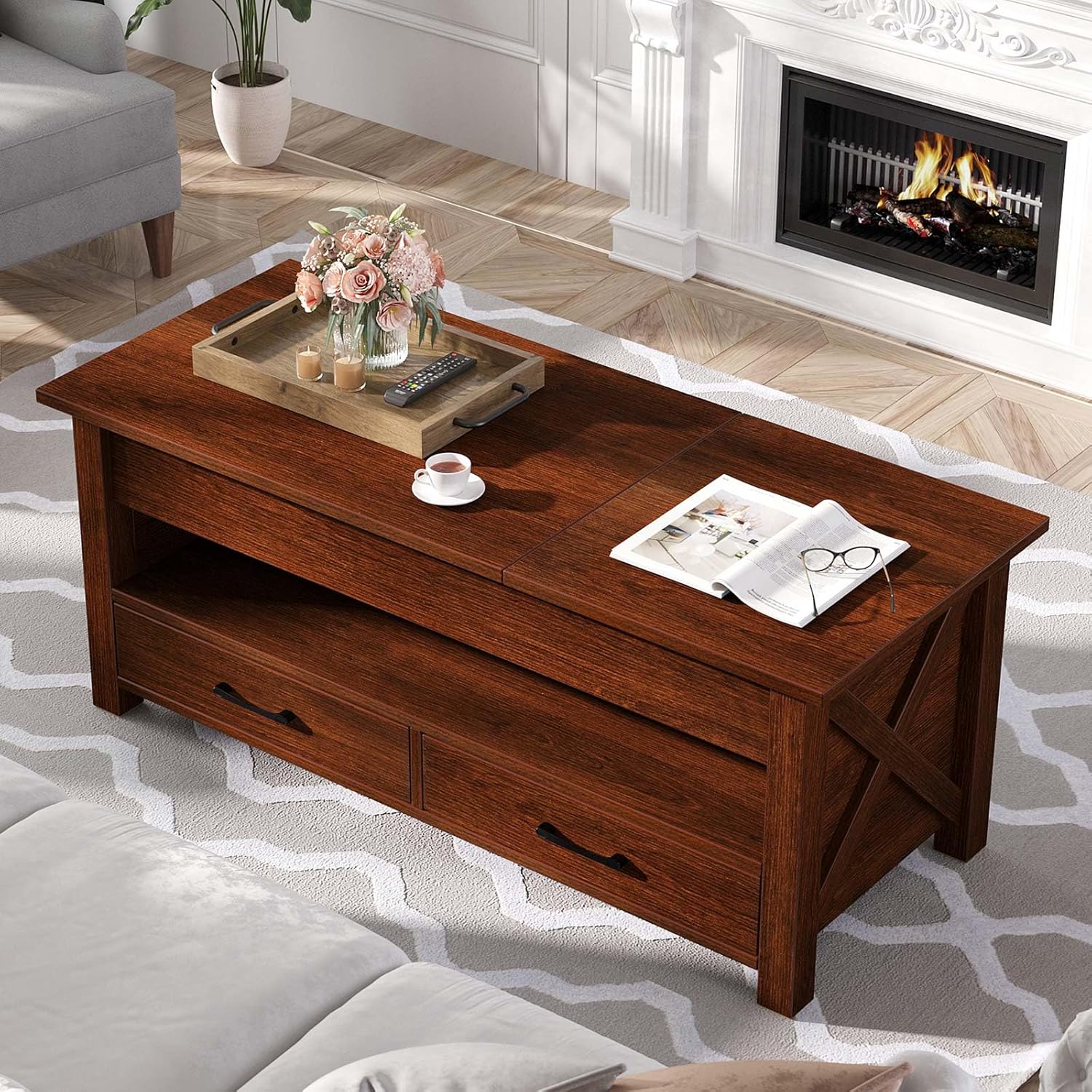 Seventable Coffee Table, 47.2 Lift Top Coffee Table with 2 Storage Drawers and Hidden Compartment, Farmhouse Center Table with Wooden Lift Tabletop, for Living Room,Espresso