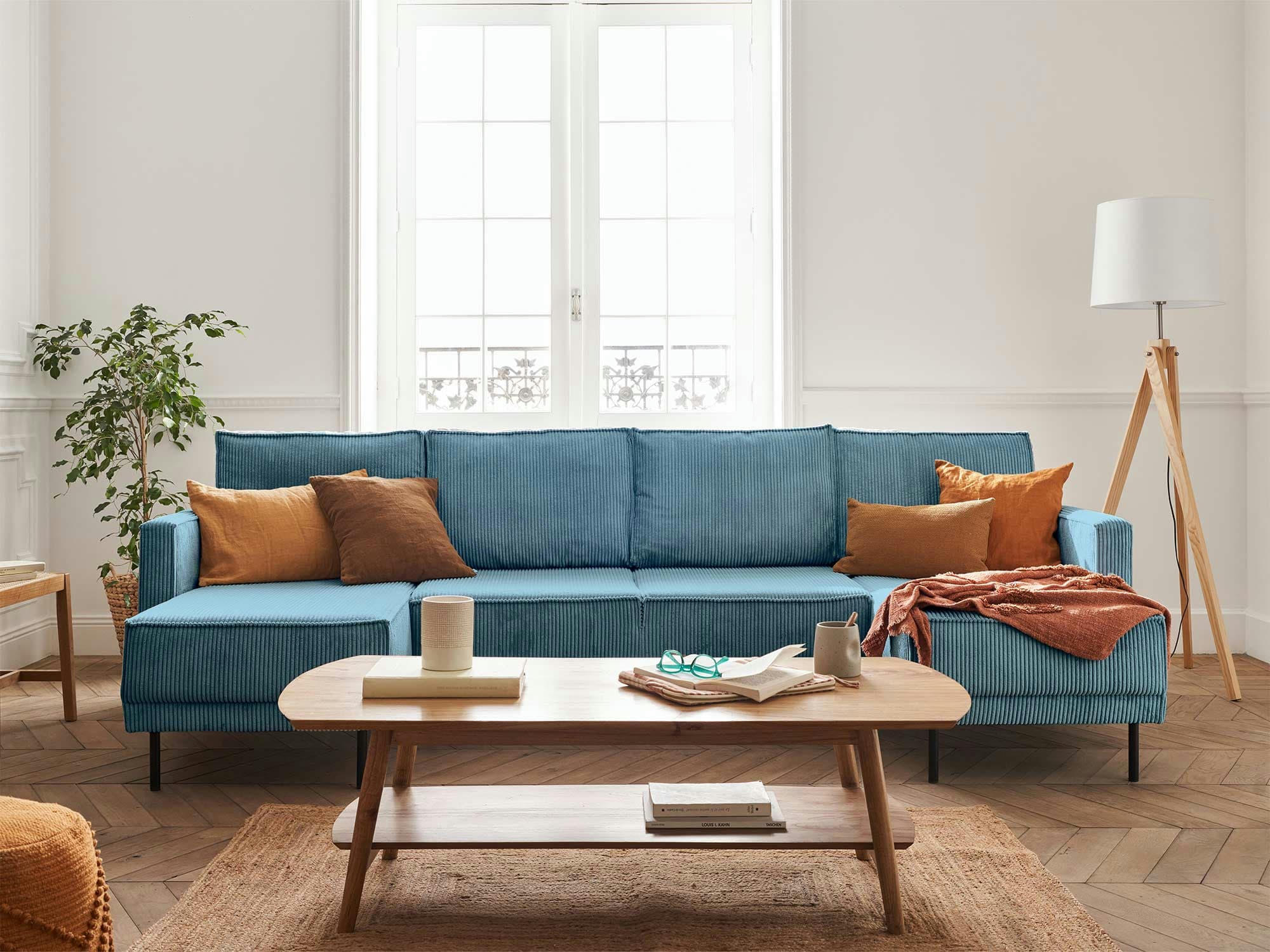 CHARLIE - Canapé panoramique 7 places angle réversible en velours côtelé bleu