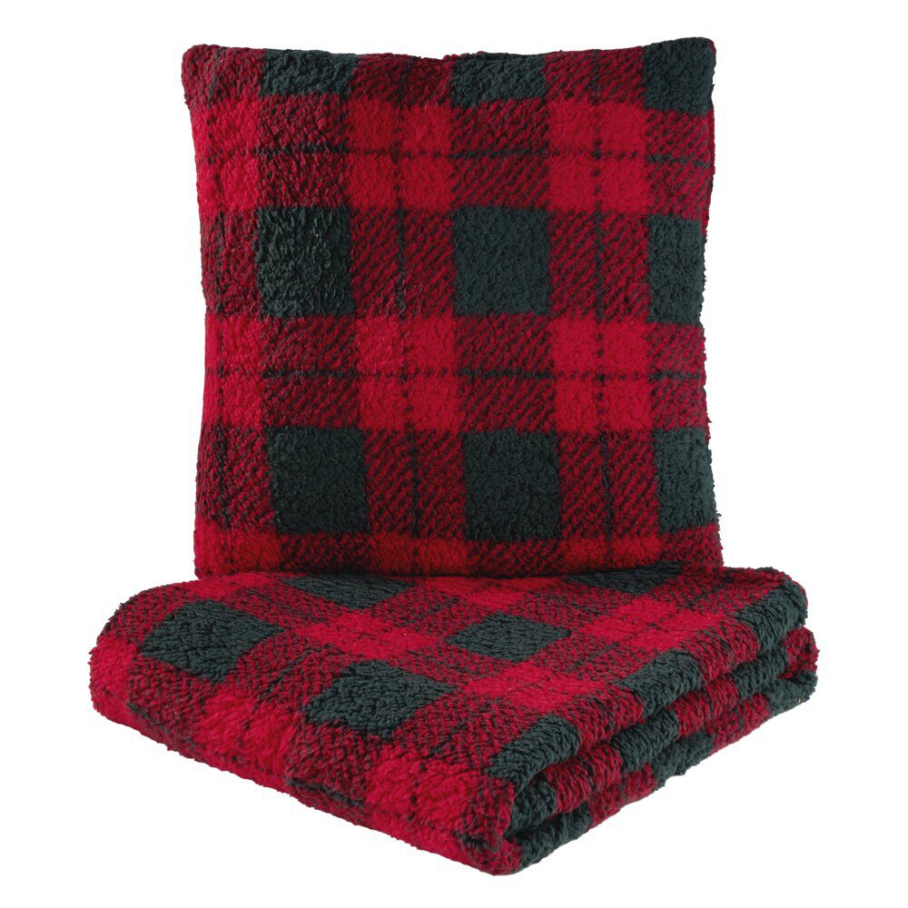 Coussin carré L45X45 cm et plaid L160X130 cm motif assorti polyester (3 modèles rouge/beige/vert)