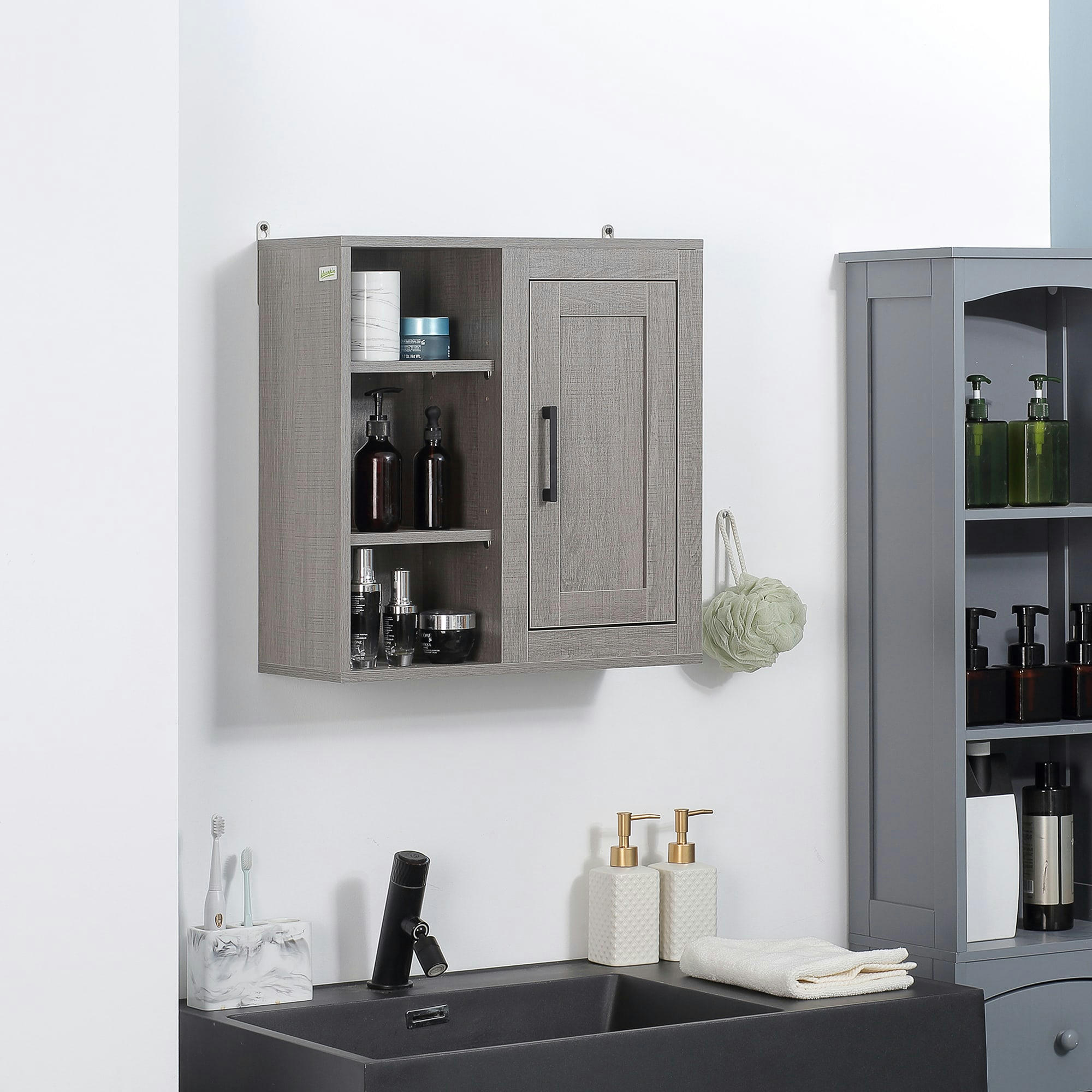 - Armoire haute murale de salle de bain porte 3 niches gris