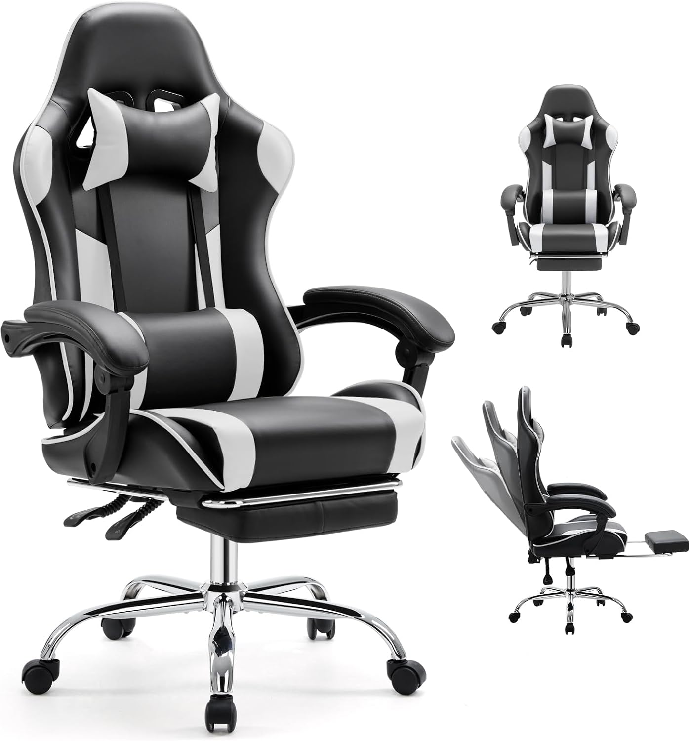 DUMOS Ergonomic Gaming Office Desk Chair with Footrest, Height Adjustable 360° Swivel Computer Video Game Chair with Headrest and Lumbar Support, Black White