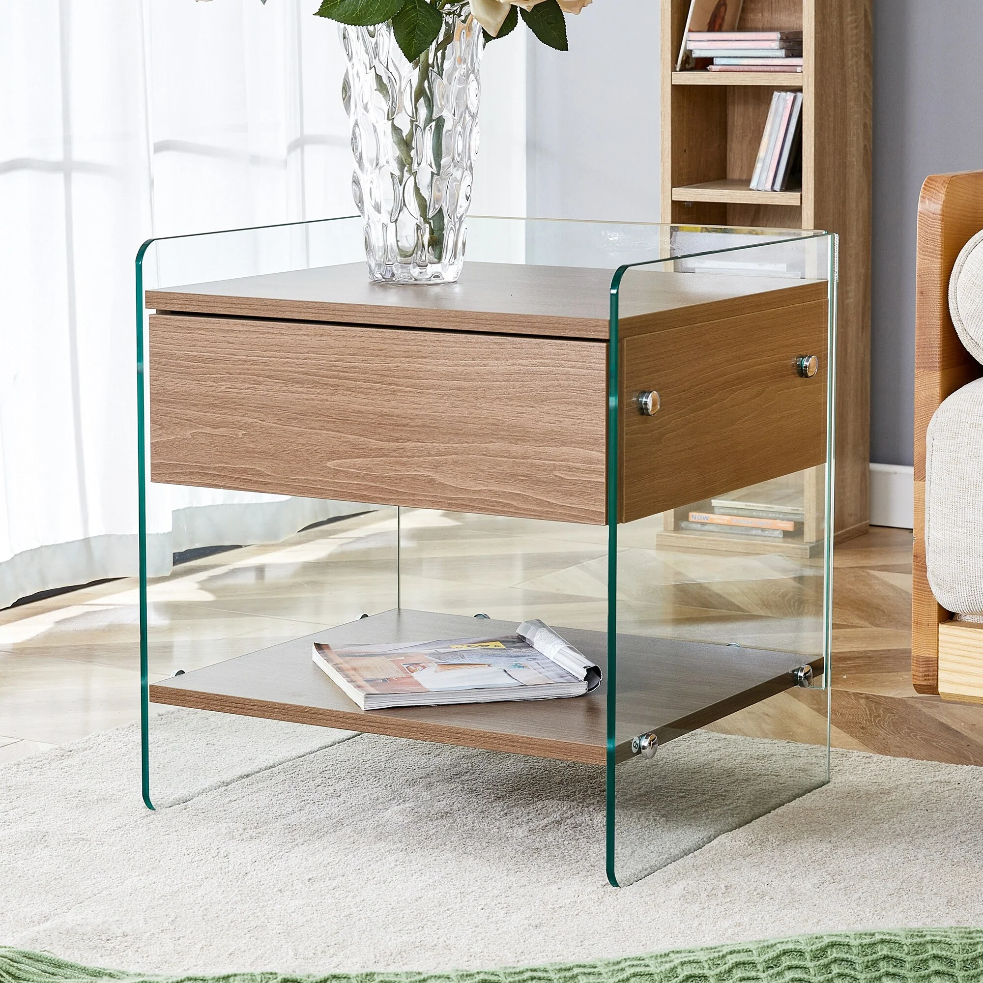 Bedside Table With Drawers With Tempered Glass Legs