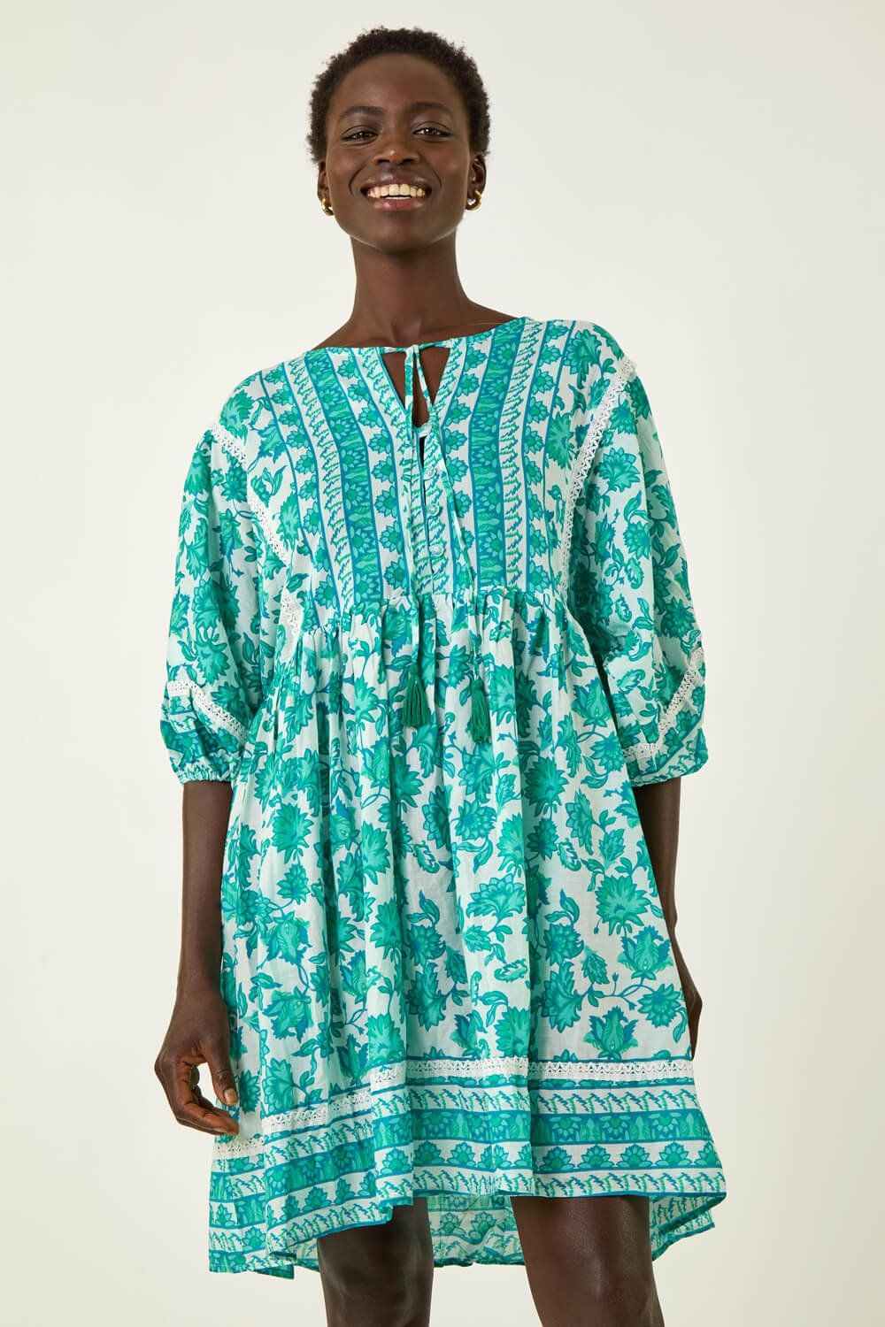 Roman Tie Front Border Print Tassel Dress