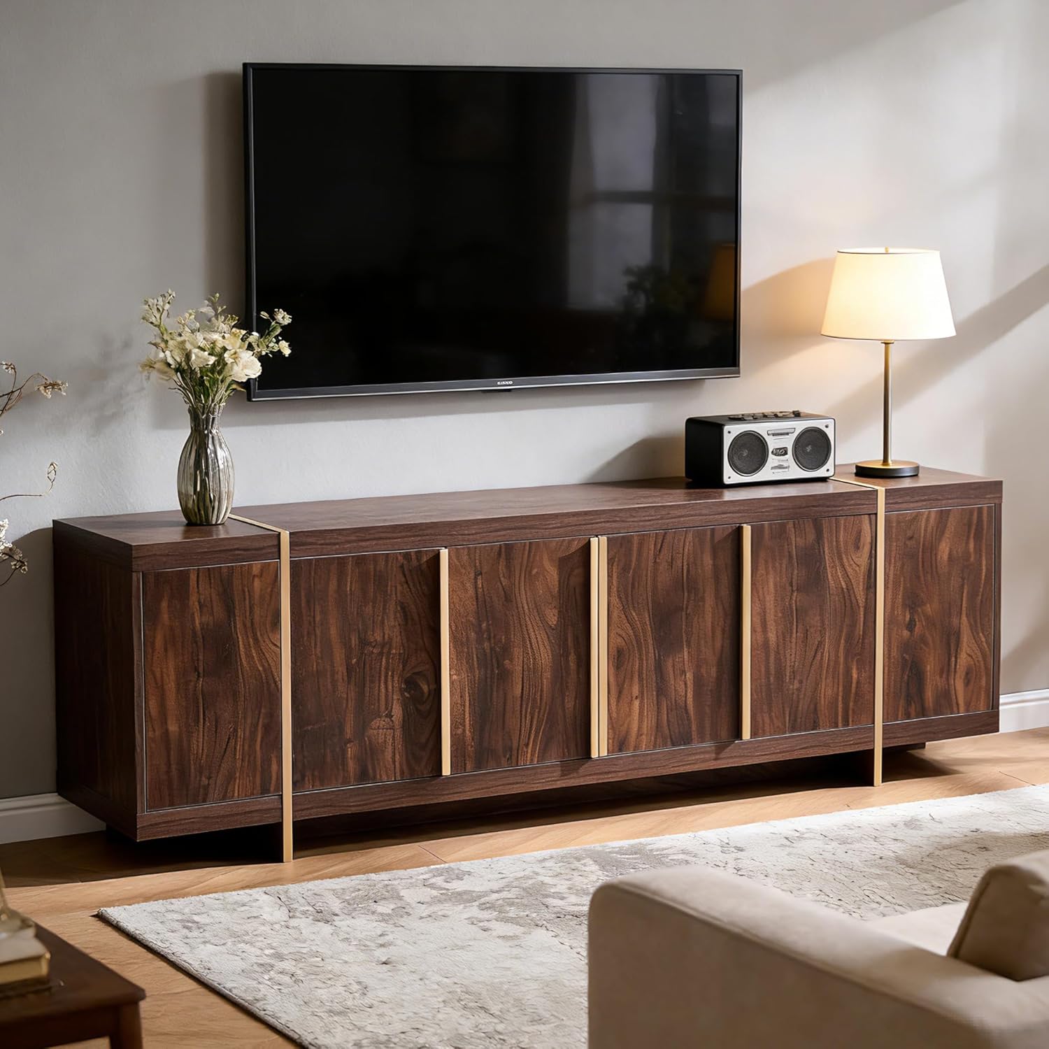 OKD Modern 70 TV Stand,Entertainment Center for TVs Up to 80,TV Console with Storage,Integrated Plinth,Handle-Free Hidden Doors Design,Media Console for Living Room,Bedroom(Dark Walnut)