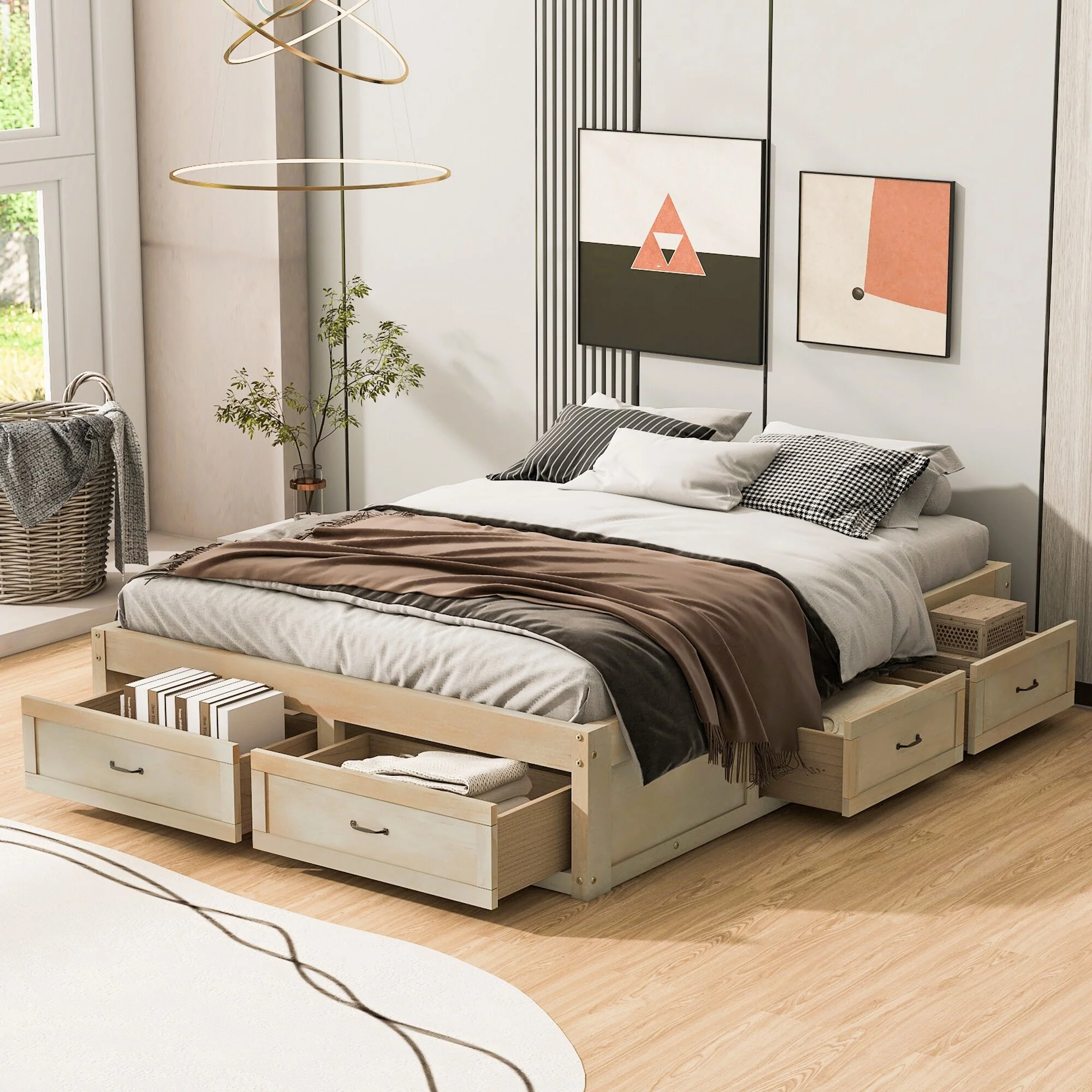 Roomfitters Queen Size Platform Bed with 6 Storage Compartments, Modern Wood Frame, Space-Saving Design