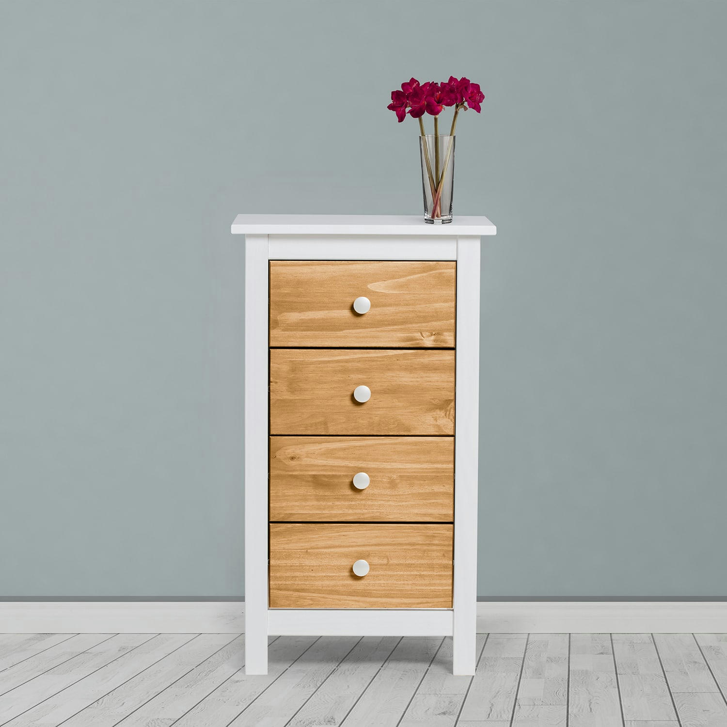 BONNIE - Chiffonnier blanc 4 tiroirs, fabriqué en bois de pin massif