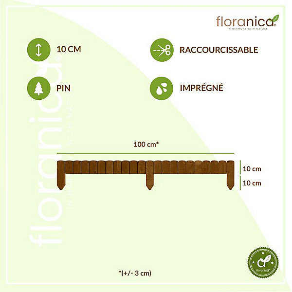 Floranica Bordure de Jardin en bois 10 x 100 cm Brune Bordurette de Pelouse Bordure de Gazon avec piquets Bordure de parterre
