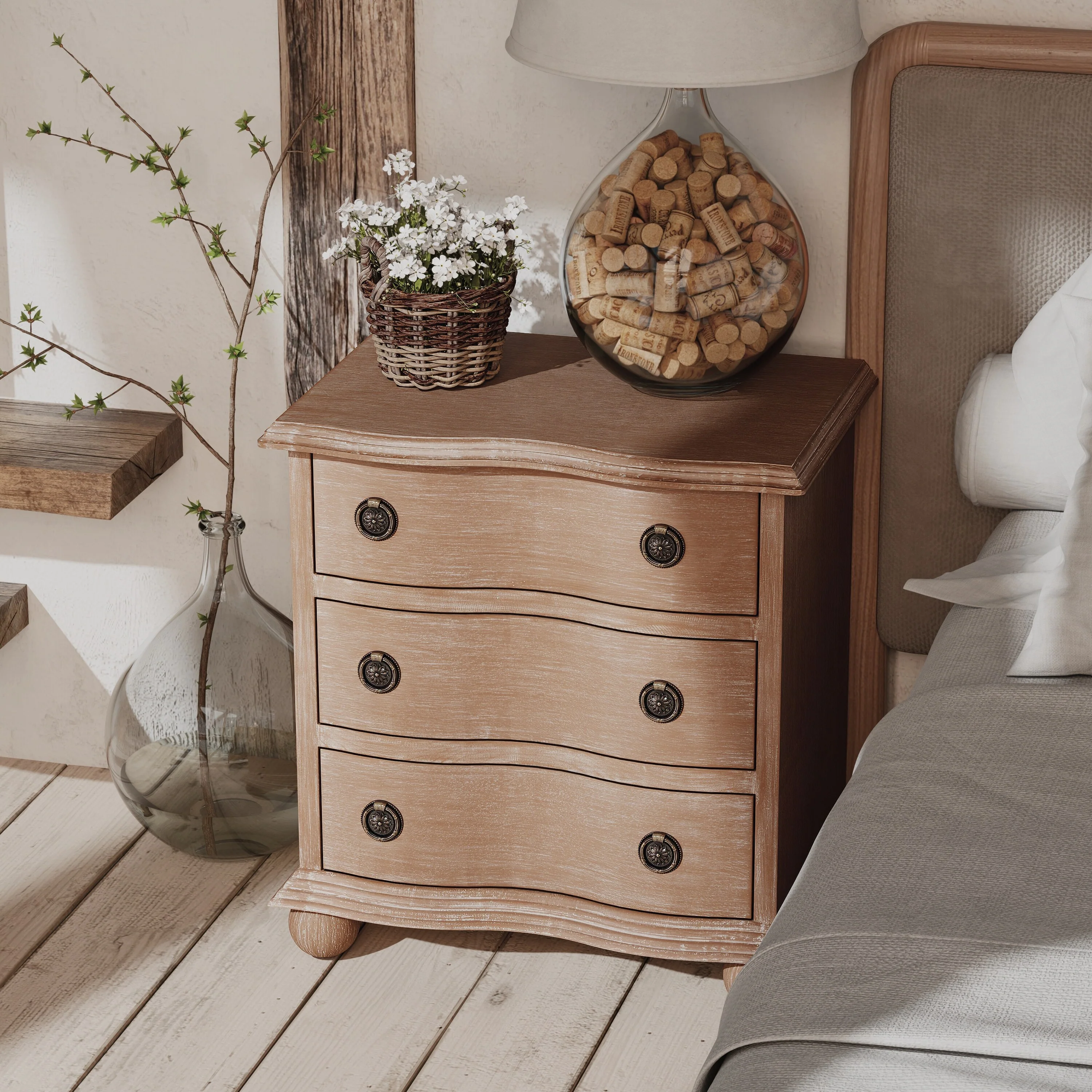 COZAYH Farmhouse 3 Drawer Nightstand with Distressed Wood Finish, Rustic Vintage Dresser with Curved Front Design
