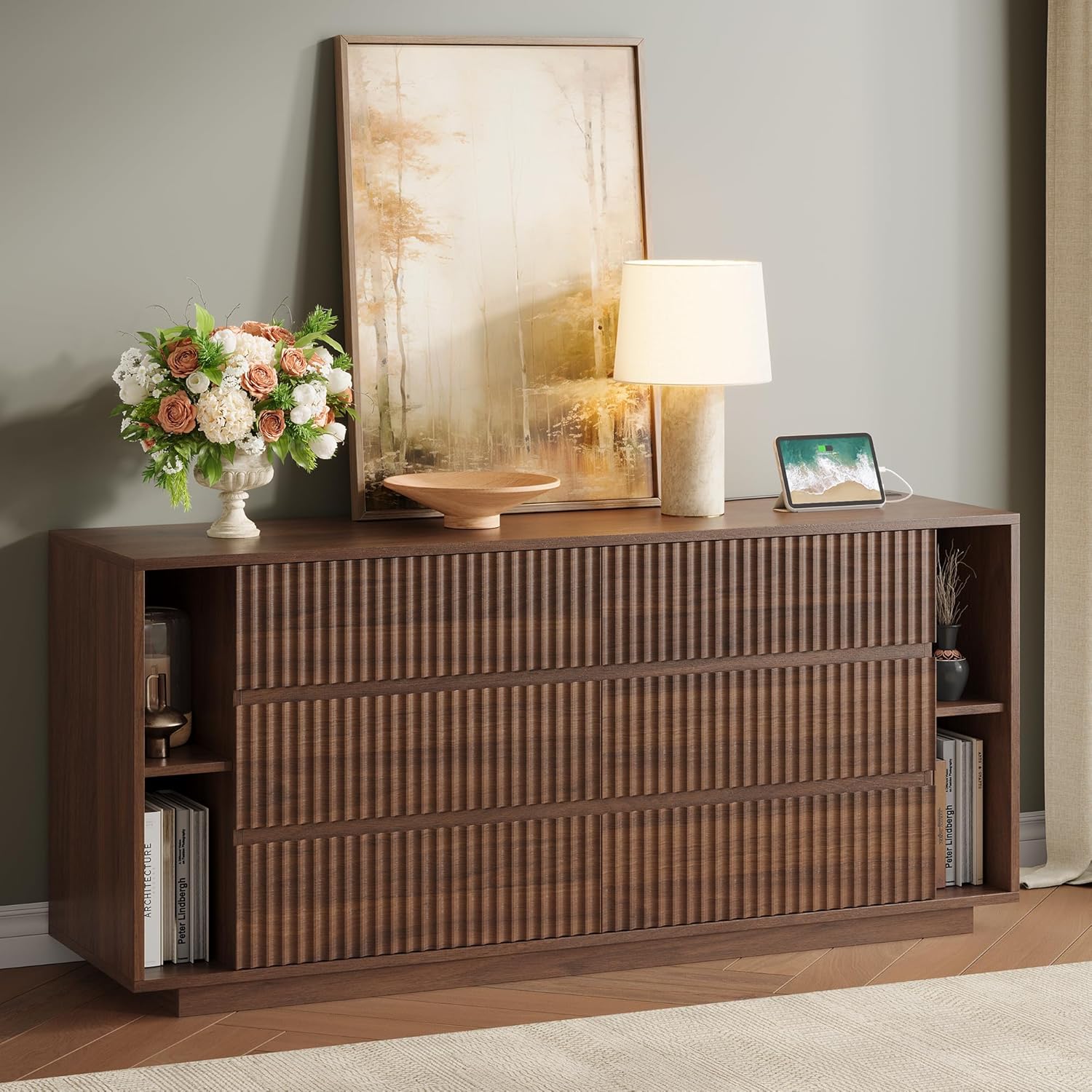 Whalefall 63'' Fluted 6 Drawer Dresser with Shelves, Large Chest of Drawers for Bedroom, Wood Closet Storage Organizer, Modern TV Stand for Living Room, Walnut