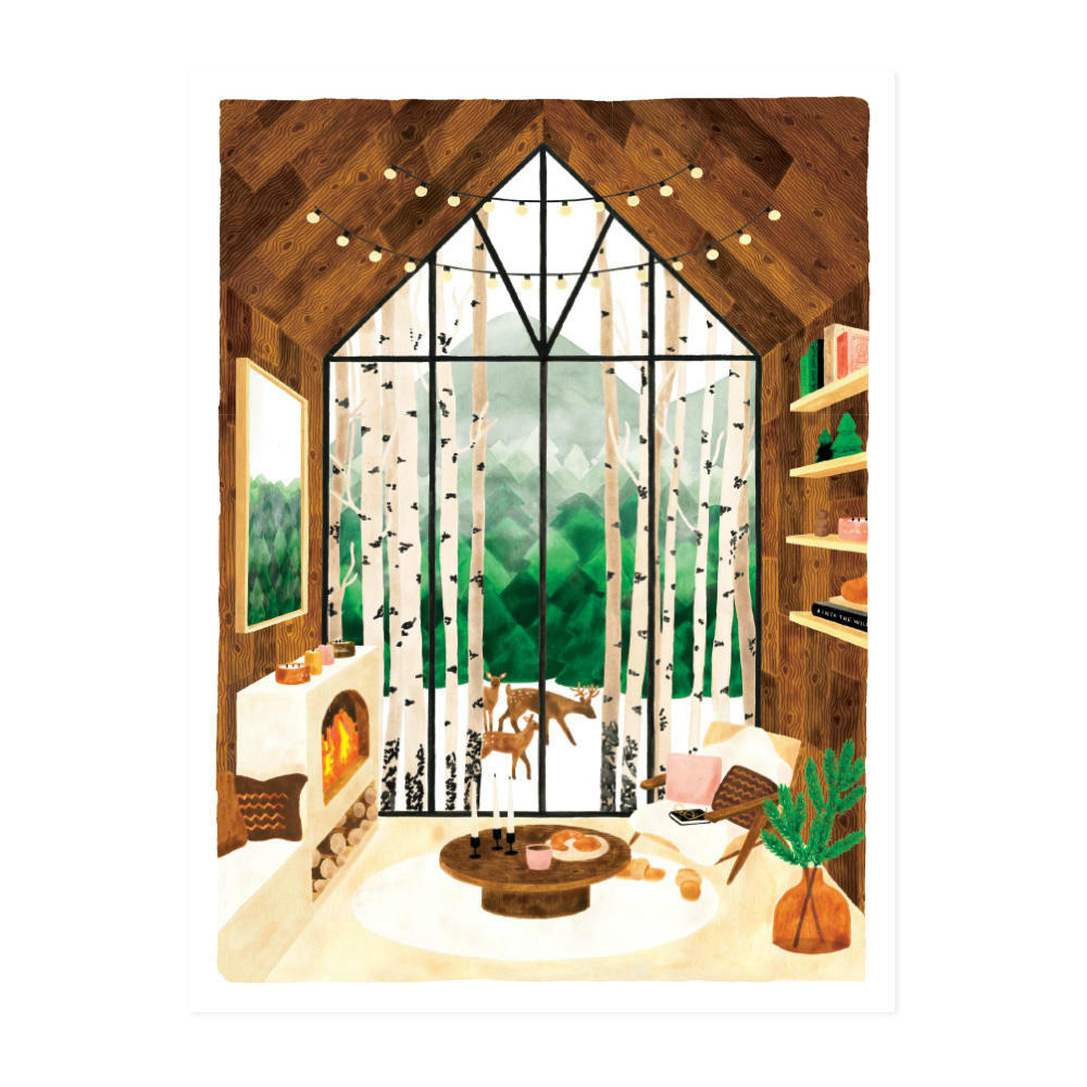 - Affiche illustrée d’un chalet sous la neige en Laponie 30x40 cm