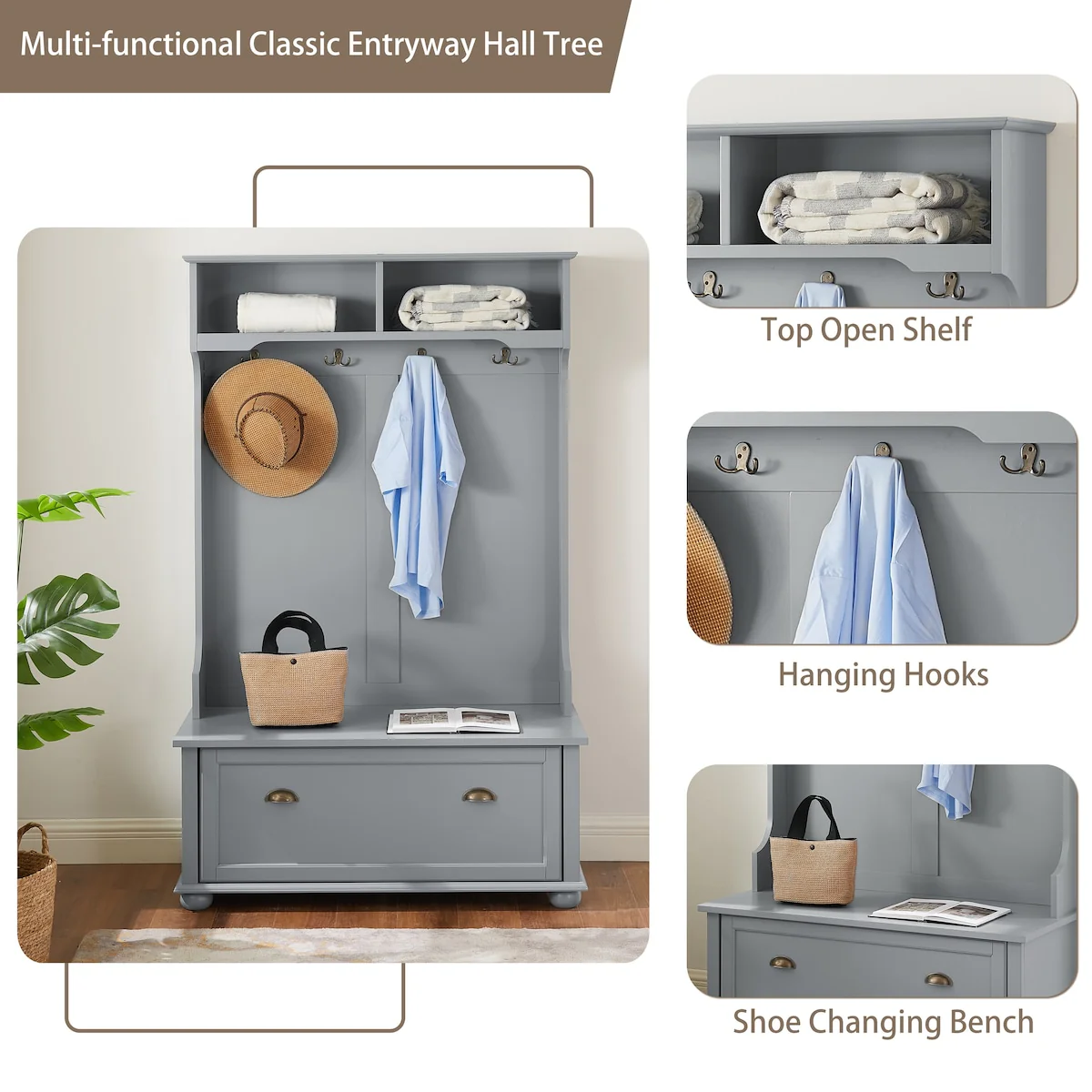 Hall Tree Entryway Bench Shelves and Shoe Cabinets Wood Feet