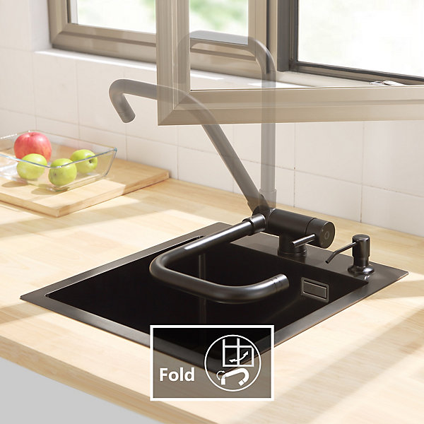 Mitigeur cuisine rabattable noir, SOFETIY MAX robinet cuisine rabattable avec 2 Jets, robinetterie pliable devant fenêtre