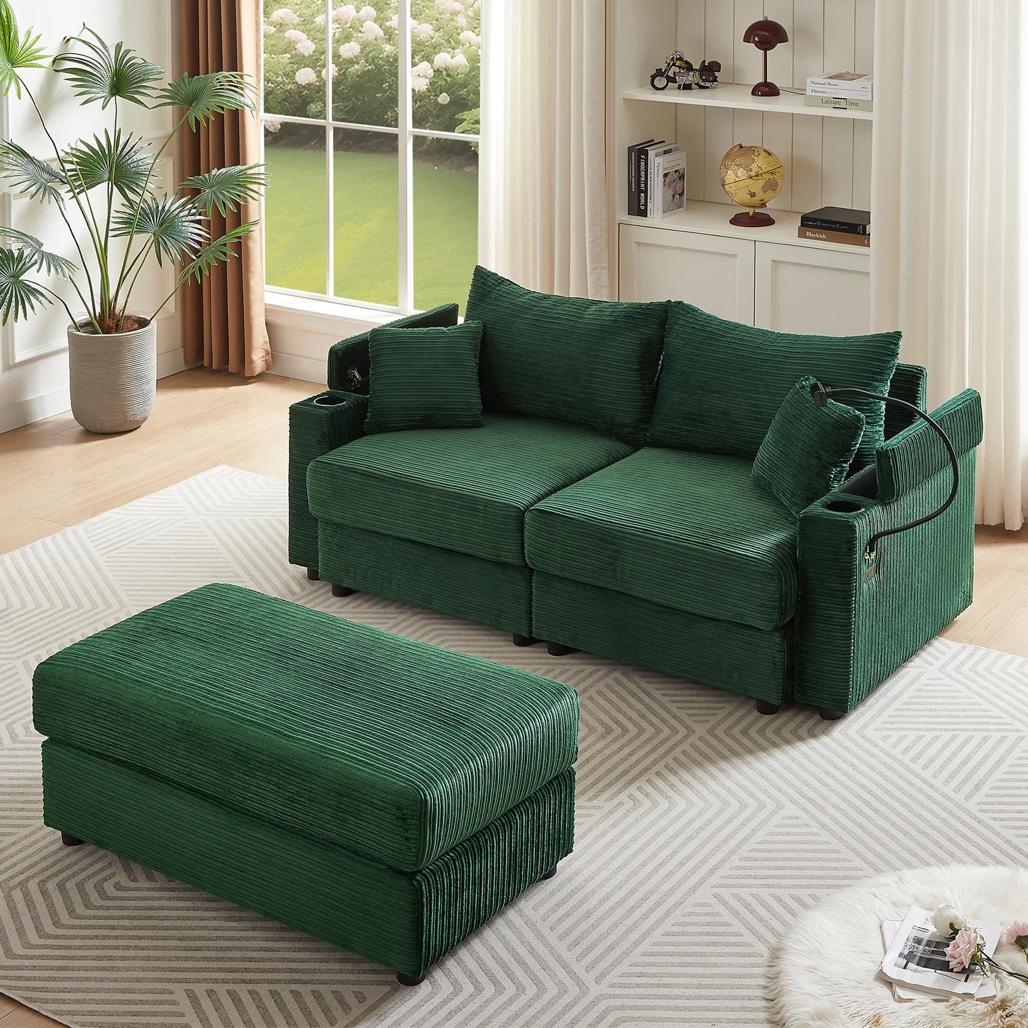 72.8'' Loveseat Sectional Sofa with Movable Ottoman, Hidden Storage Armrests, Dual USB Ports, Cup Holders, and Phone Holder