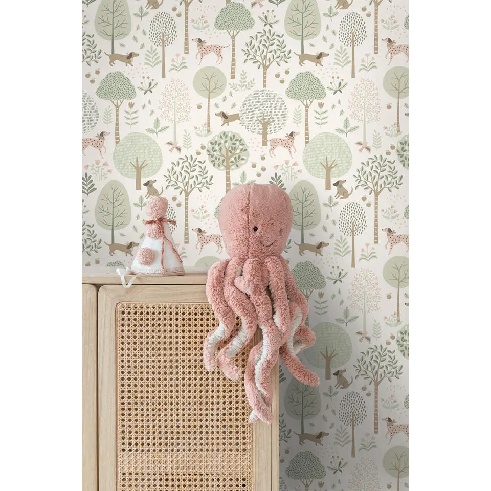 ESTAhome behang honden vergrijsd mintgroen en wit - 53 cm x 10.05 m