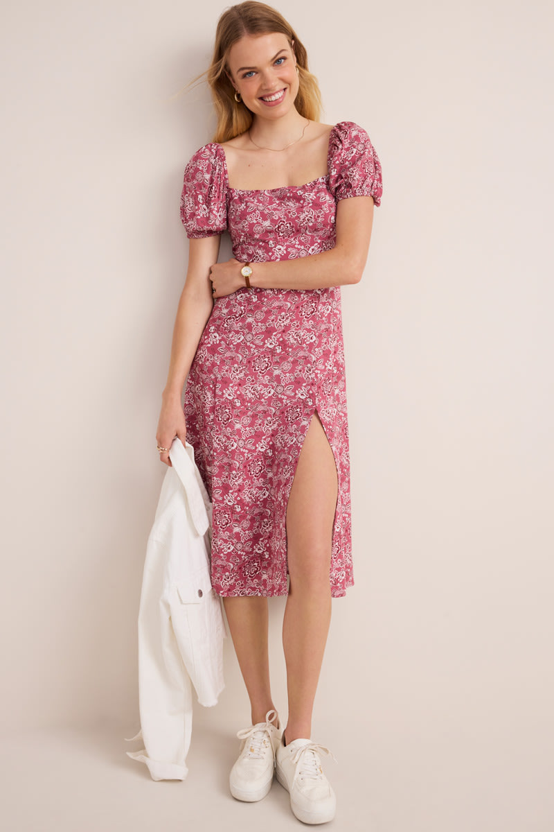 Tabitha Puff Sleeve Rose Floral Midi Dress
