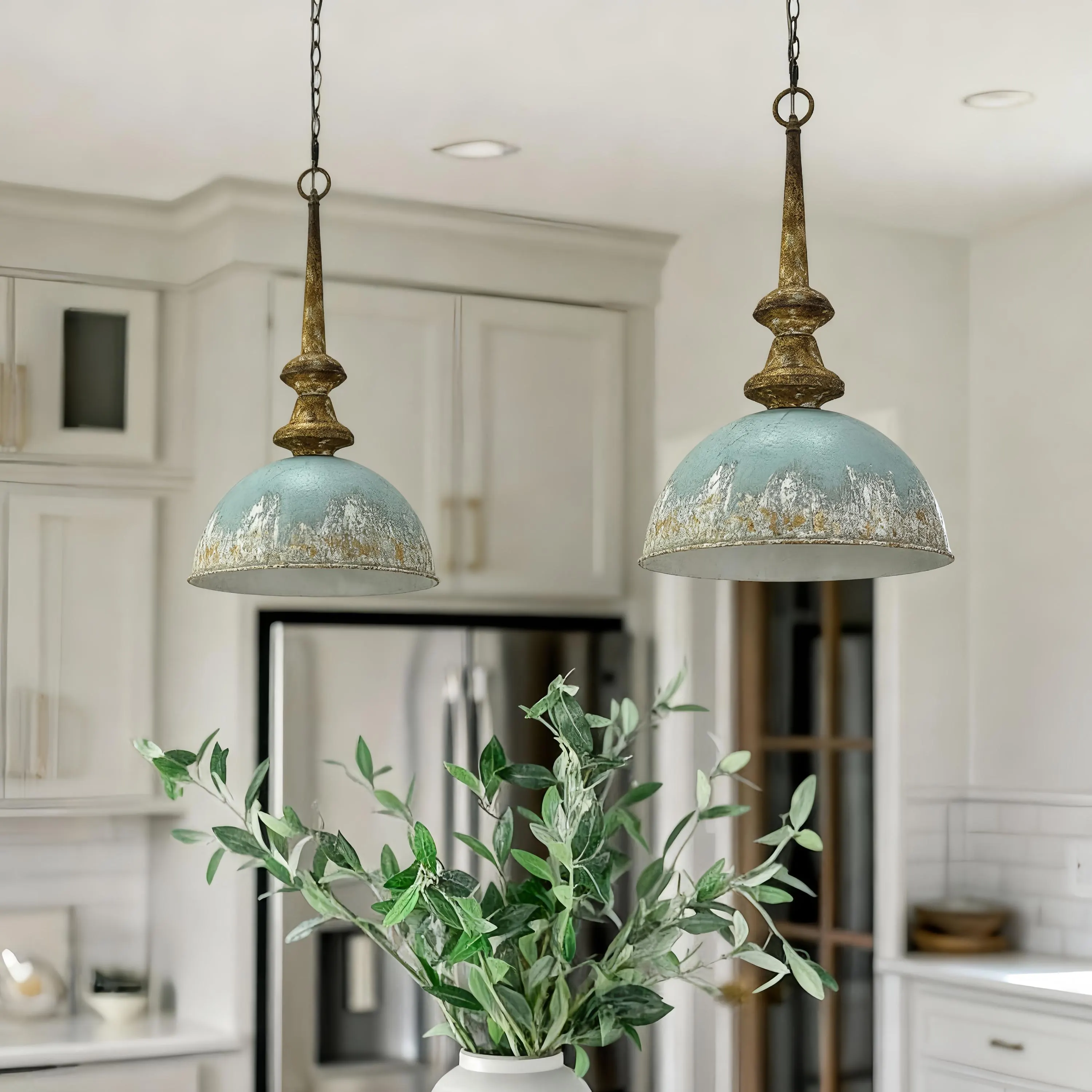 Rustic Industrial Pendant Light, Distressed Blue Farmhouse Kitchen Hanging Lamp