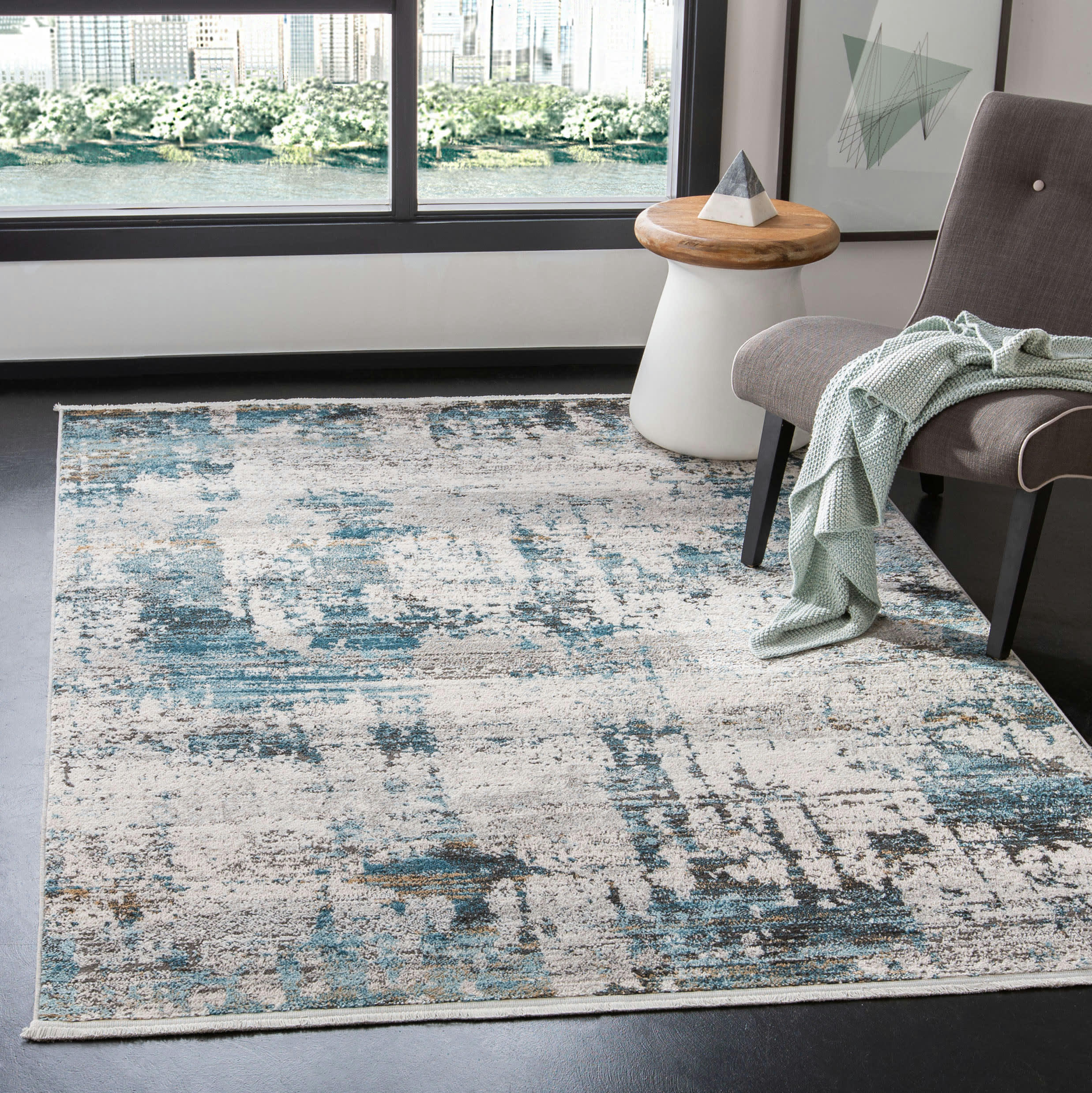 SHIVAN - Tapis de salon interieur en ivoire & marine, 122 x 183 cm