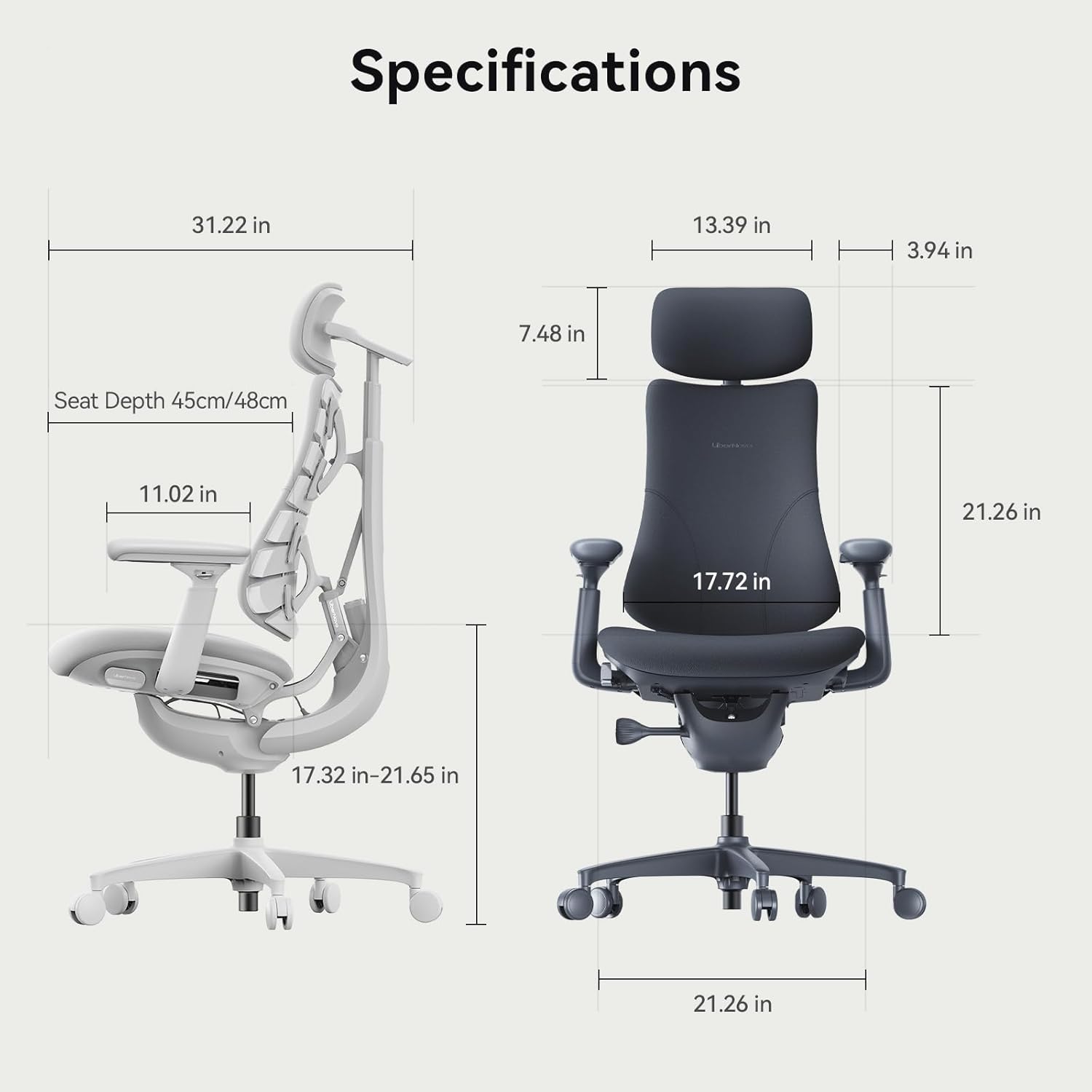 LiberNovo Dynamic Ergonomic Office Chair - Comfy Adjustable Desk Chair with Adaptive Lumbar Support, 160° Recline & Built-in Spine Stretch for Back Comfort, Home Office Long Hours Use, Black+48cm