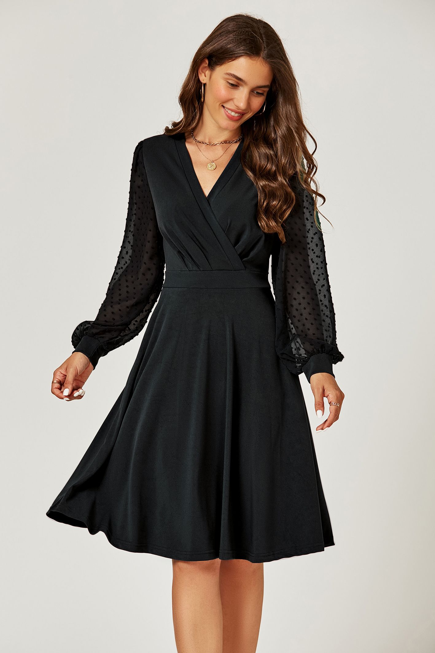 FS Collection V Neck Midi Dress With Sheer Long Sleeve