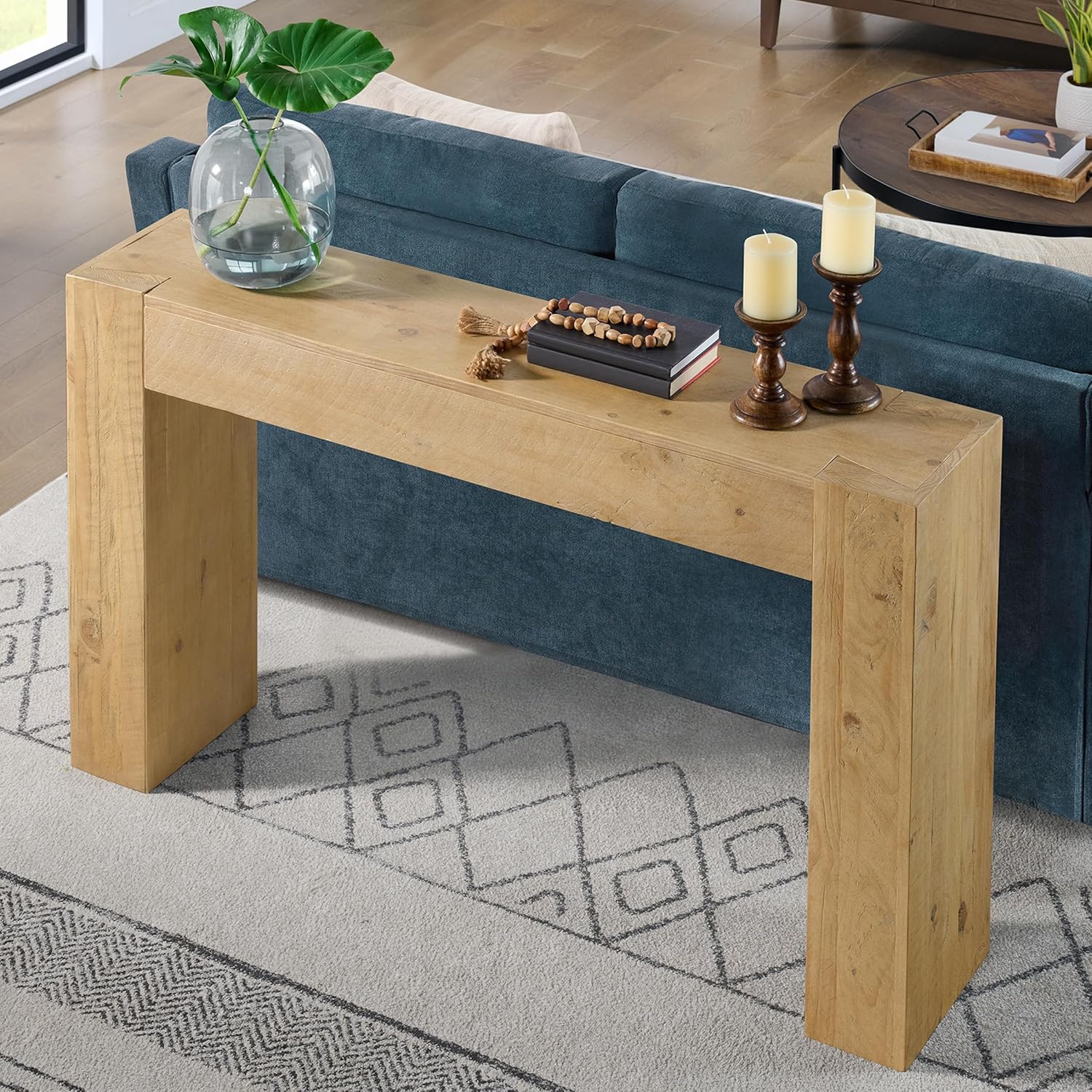 Alaterre Furniture Stockyard Solid Wood Console Table - 56 Inch Modern Farmhouse Entryway Table - Easy Assembly Living Room Furniture for Behind The Couch, Entryway, or Hallway (Light Oak)