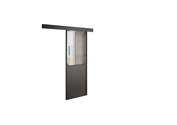 Kit porte coulissante en applique Contemporain noir cadre en aluminium et verre transparent H 204 x 93 x 3,6 cm H 204 x 93 x 3,6 cm