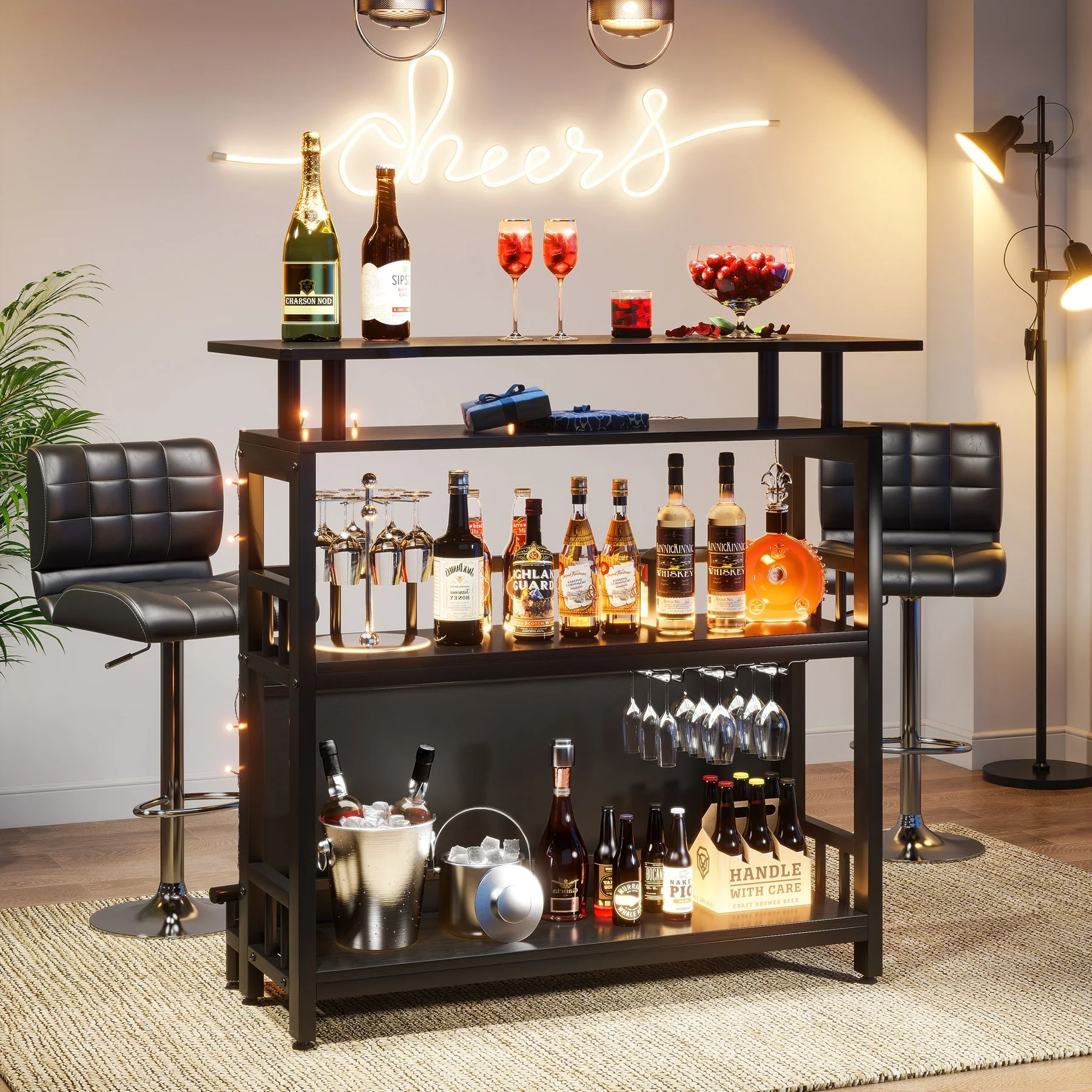 Bar Unit for Home Liquor, Black Entertainment Bar Upholstered Bar Table with Storage