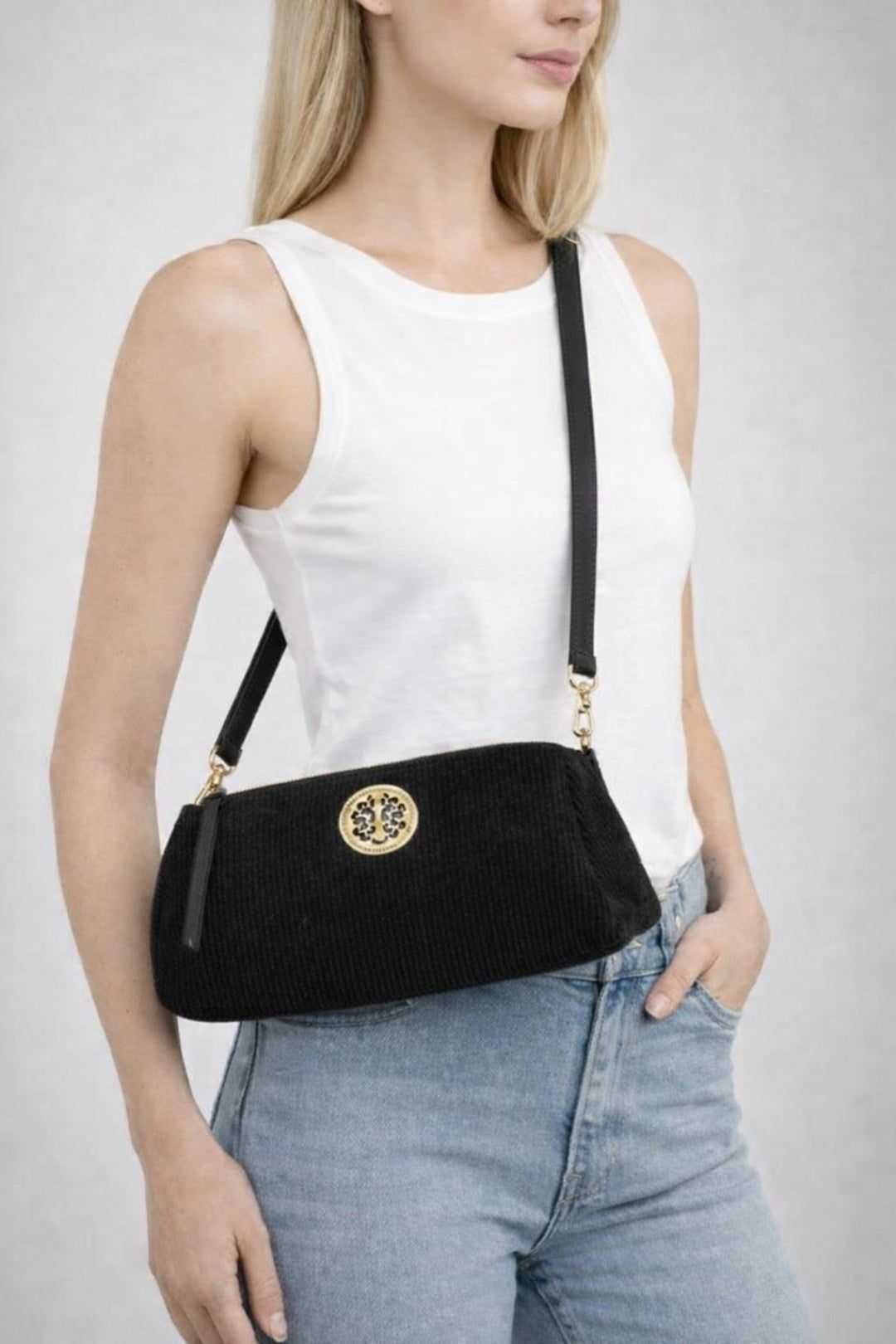 SVNX Crossbody Baguette Bag with Gold Detail