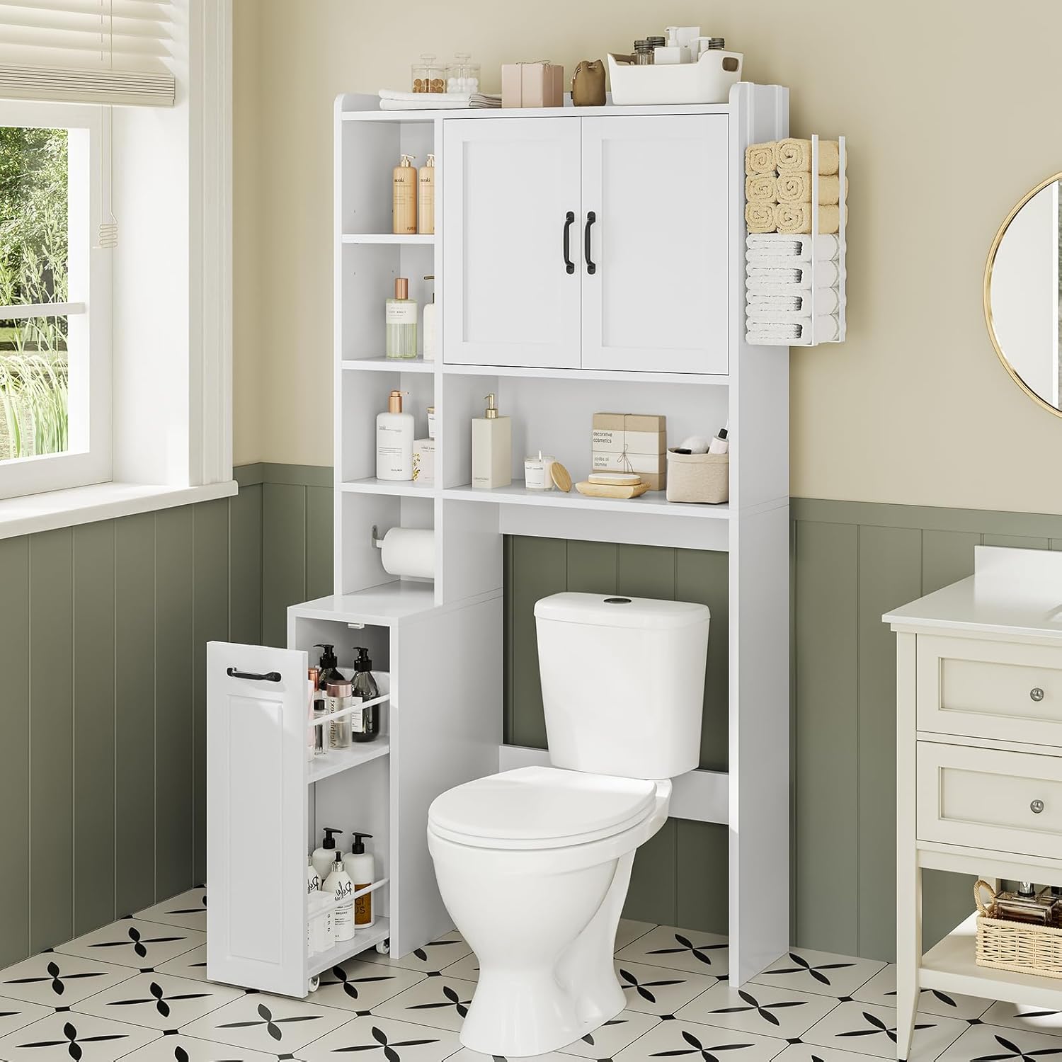 UPOSOJA Over The Toilet Storage Cabinet with Pulley Small Bathroom Storage, Space Saver W/Adjustable Shelf & Rack for Bathroom, Restroom, Laundry (White-Type B)